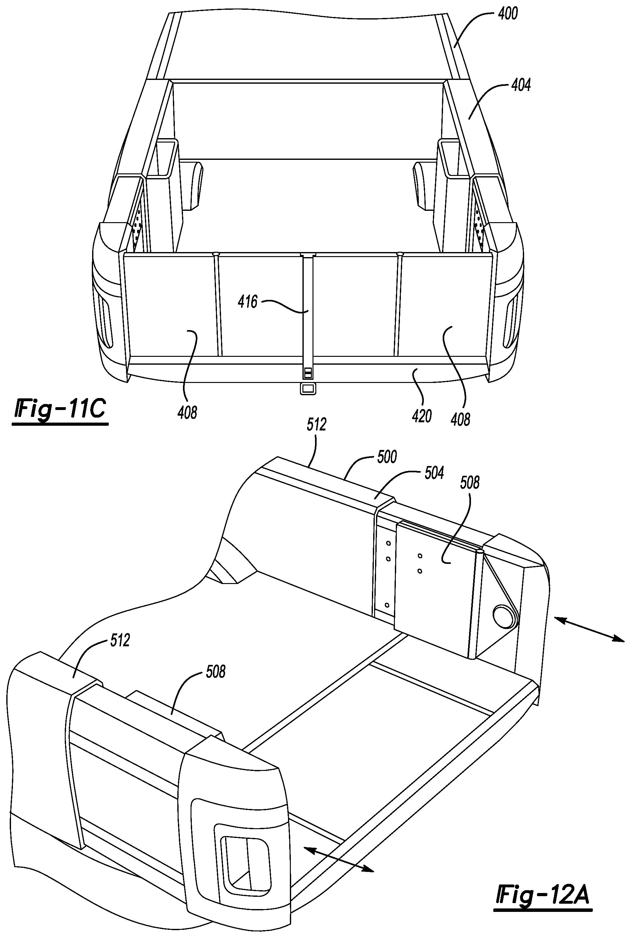 Patent US12508995 Figure 12 – Vehicle cargo bed systems including a stair assembly, a load stop, or both