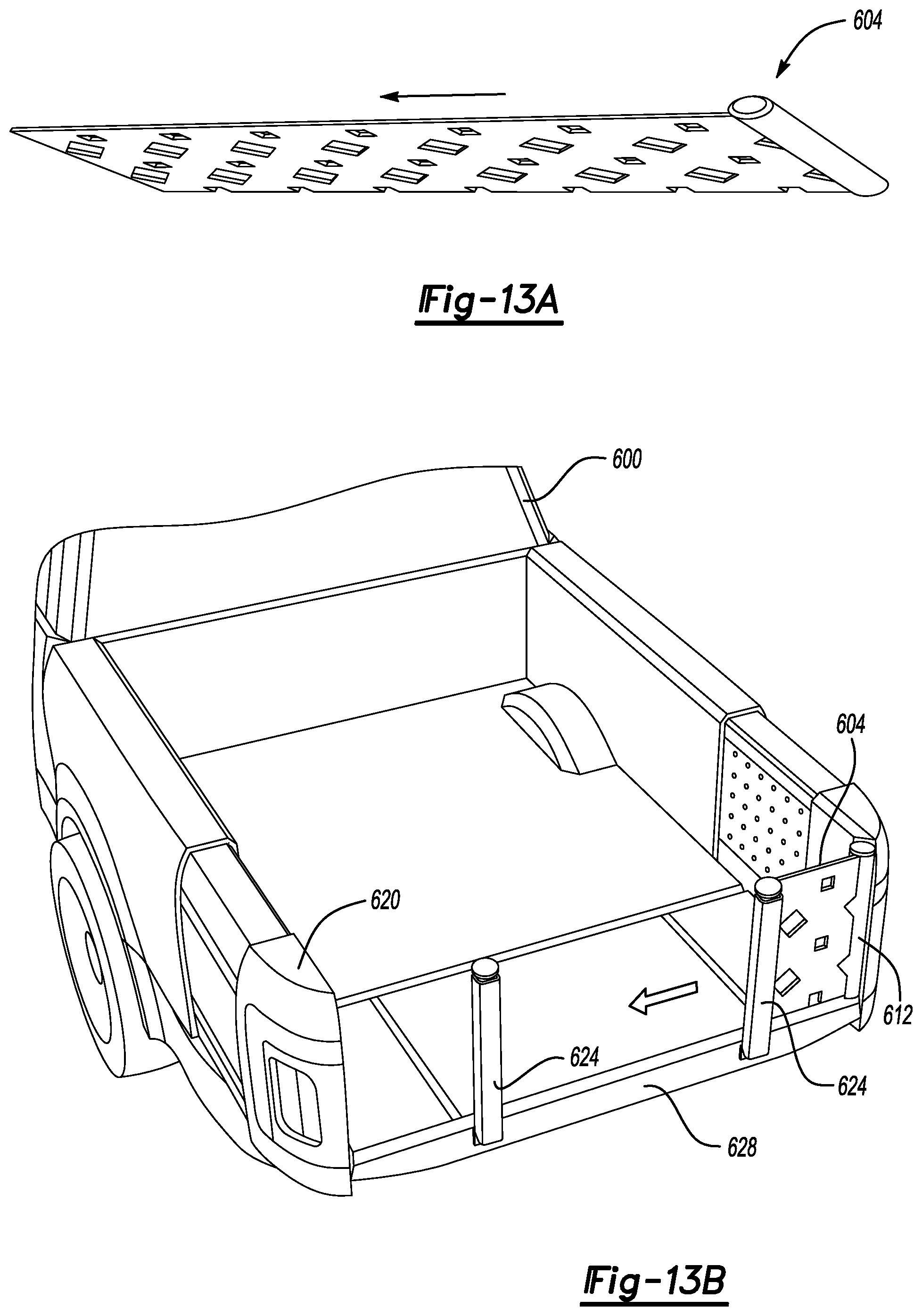 Patent US12508995 Figure 14 – Vehicle cargo bed systems including a stair assembly, a load stop, or both