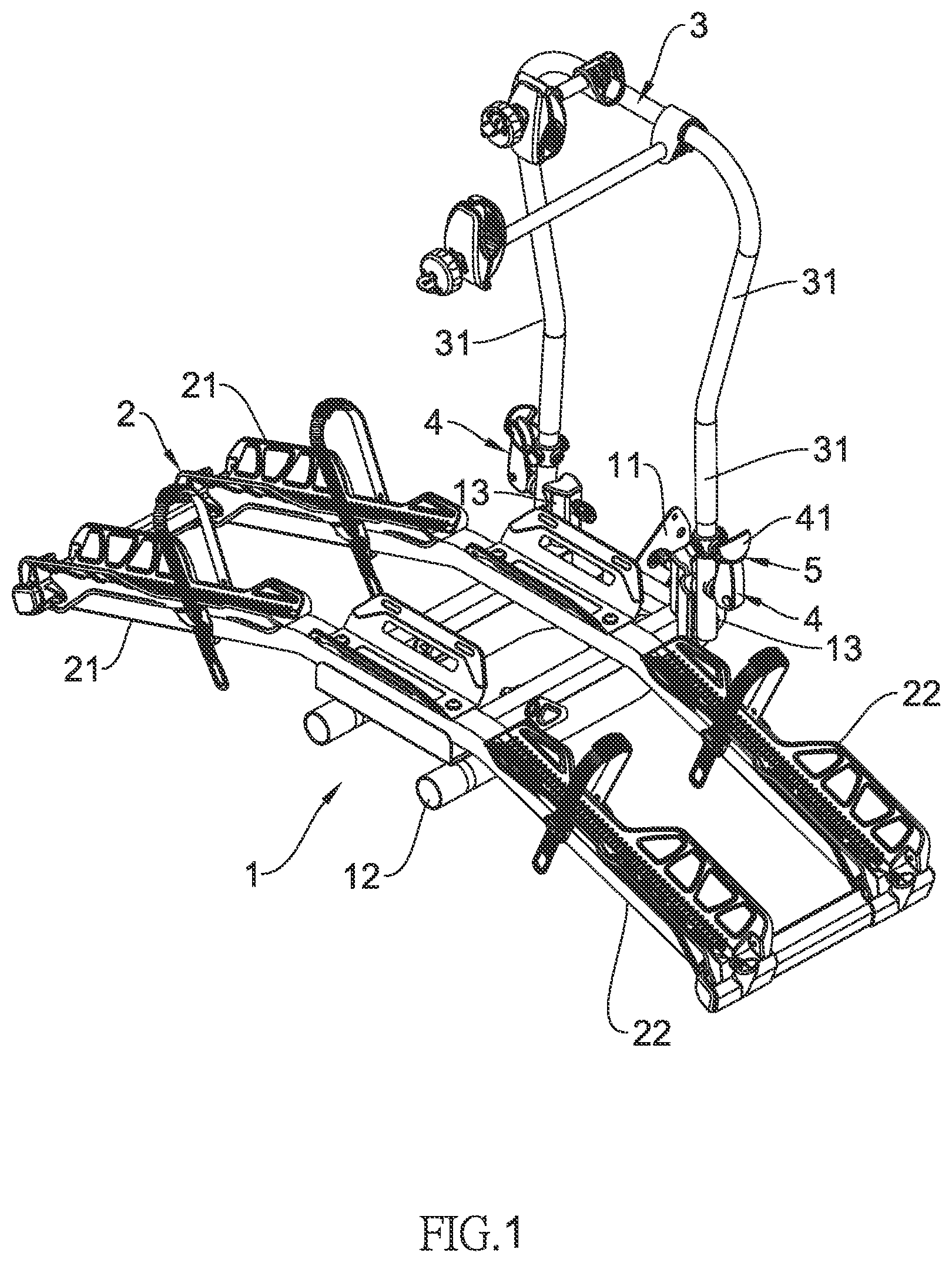 Patent US12508997 Figure 1 – Foldable bicycle rack for cars