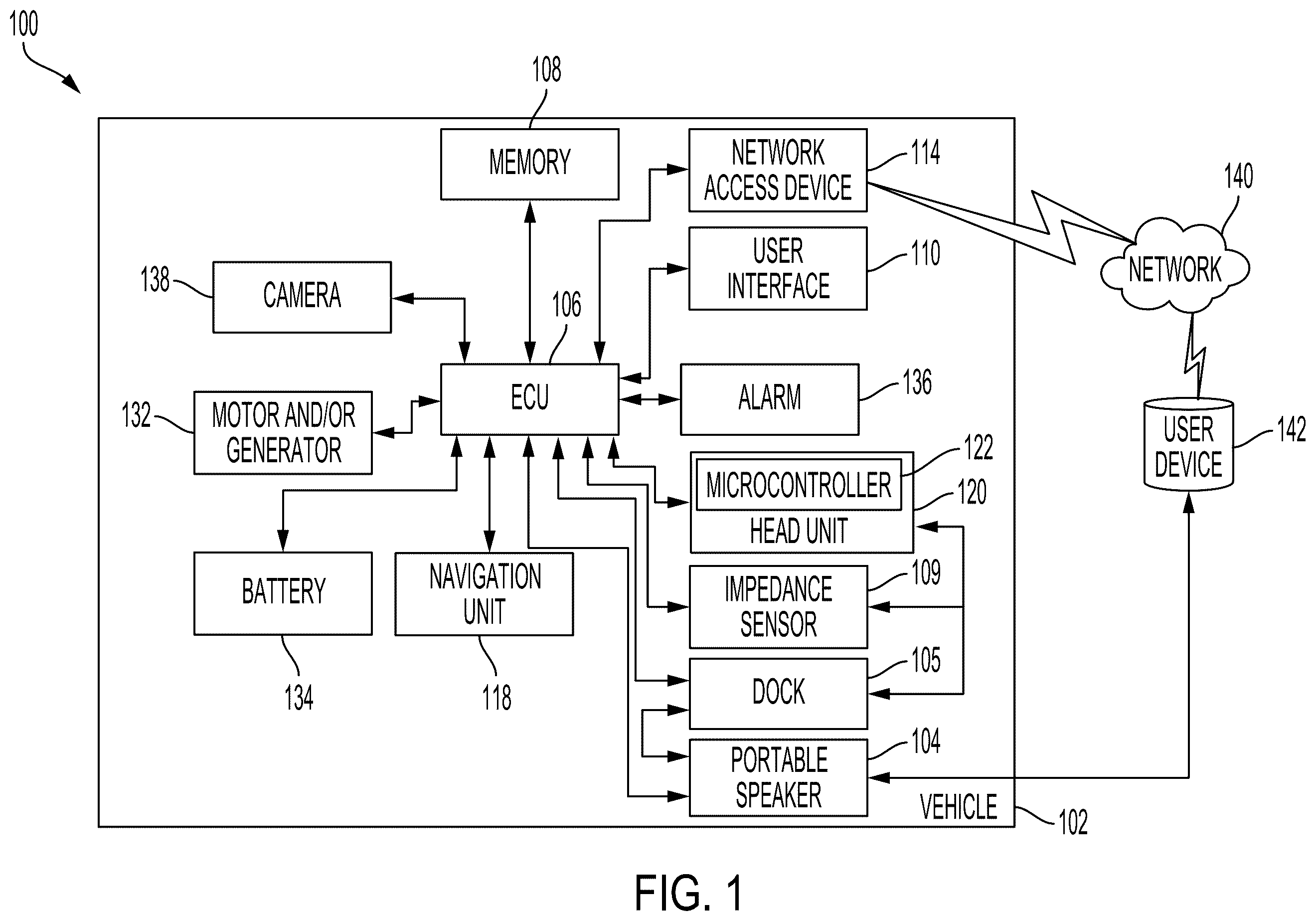 Patent US12508998 Figure 1 – Methods, systems, and devices for monitoring a portable speaker of a vehicle