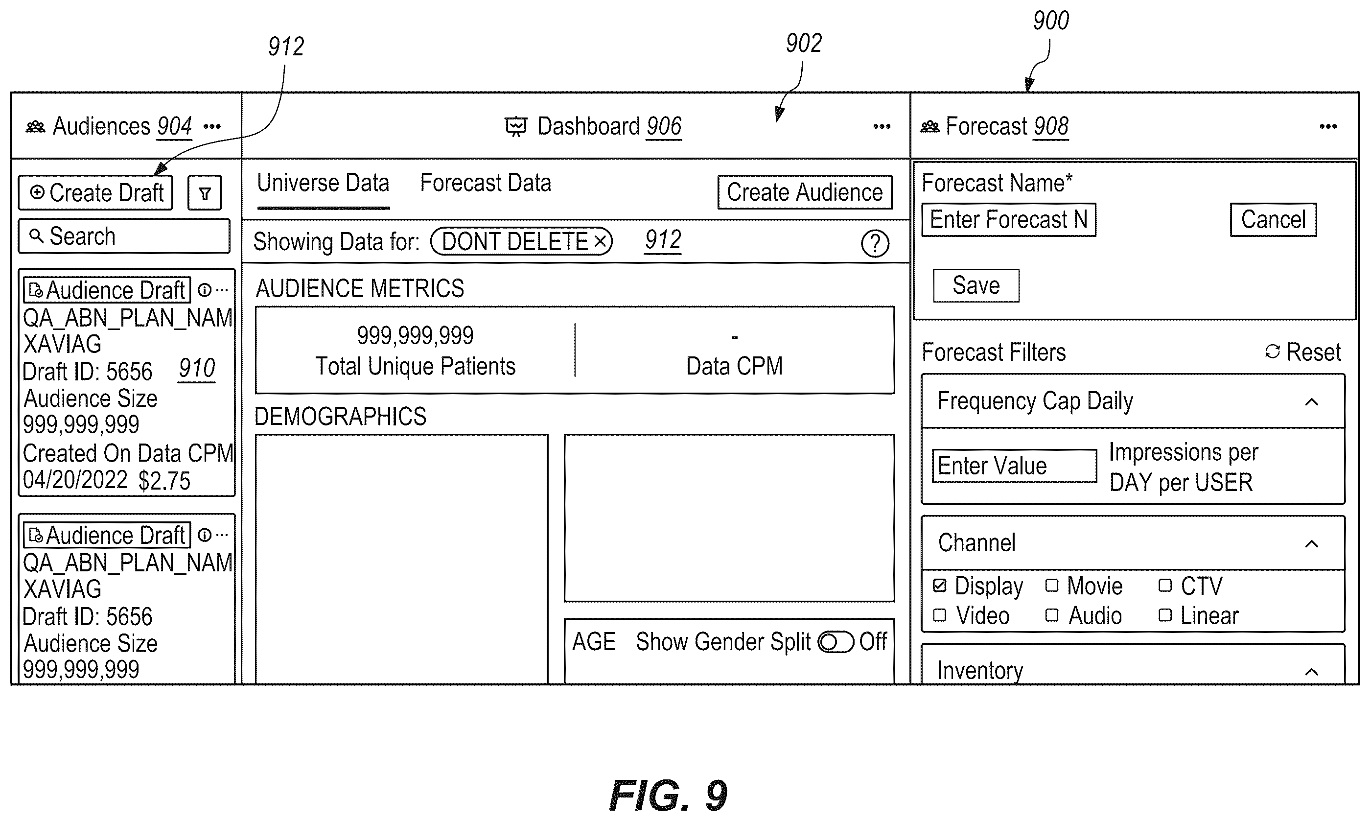Patent US12511433 Figure 8 – Interactive estimates of media delivery and user interactions based on secure merges of de-identified records