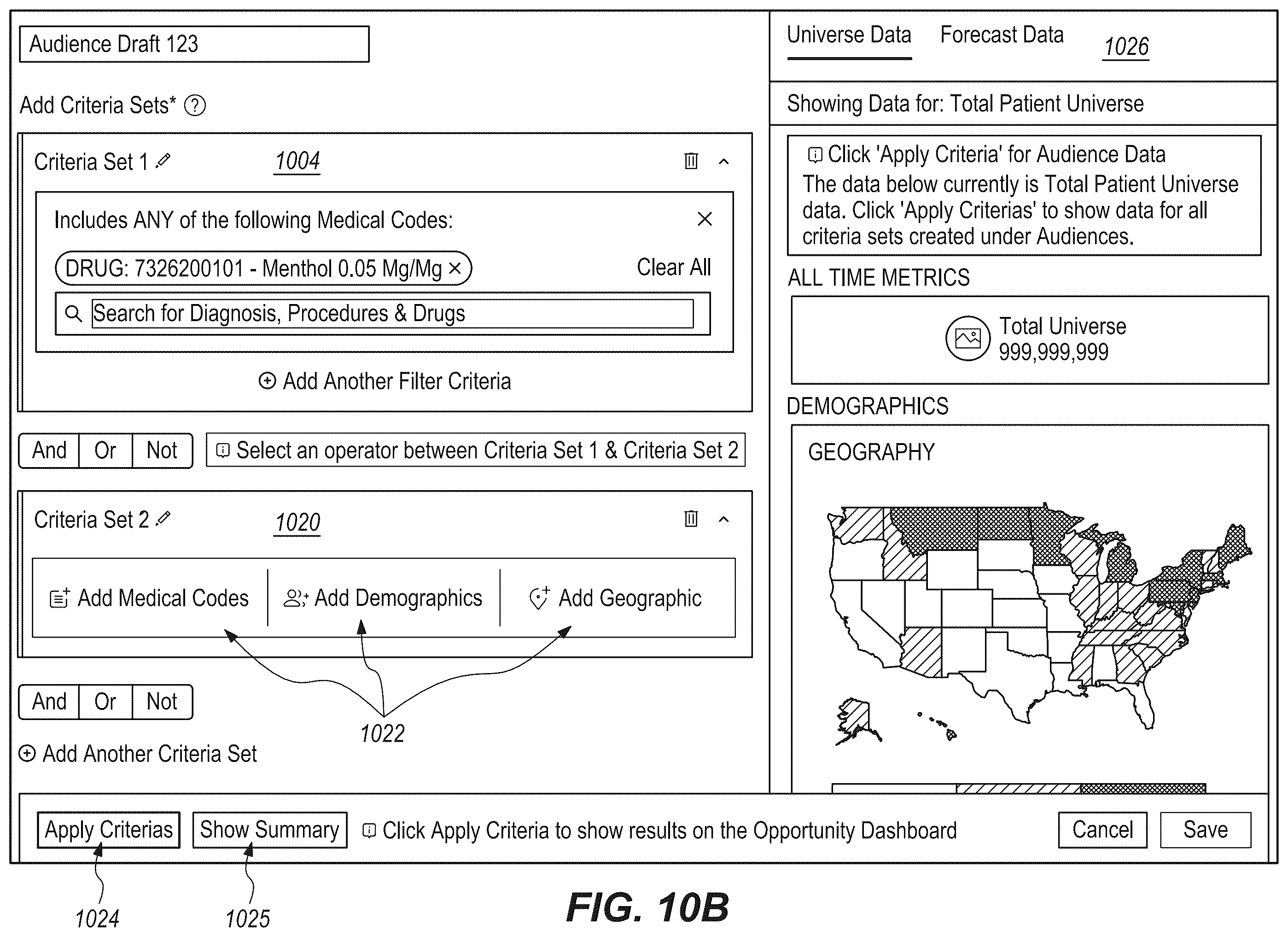 Patent US12511433 Figure 10 – Interactive estimates of media delivery and user interactions based on secure merges of de-identified records