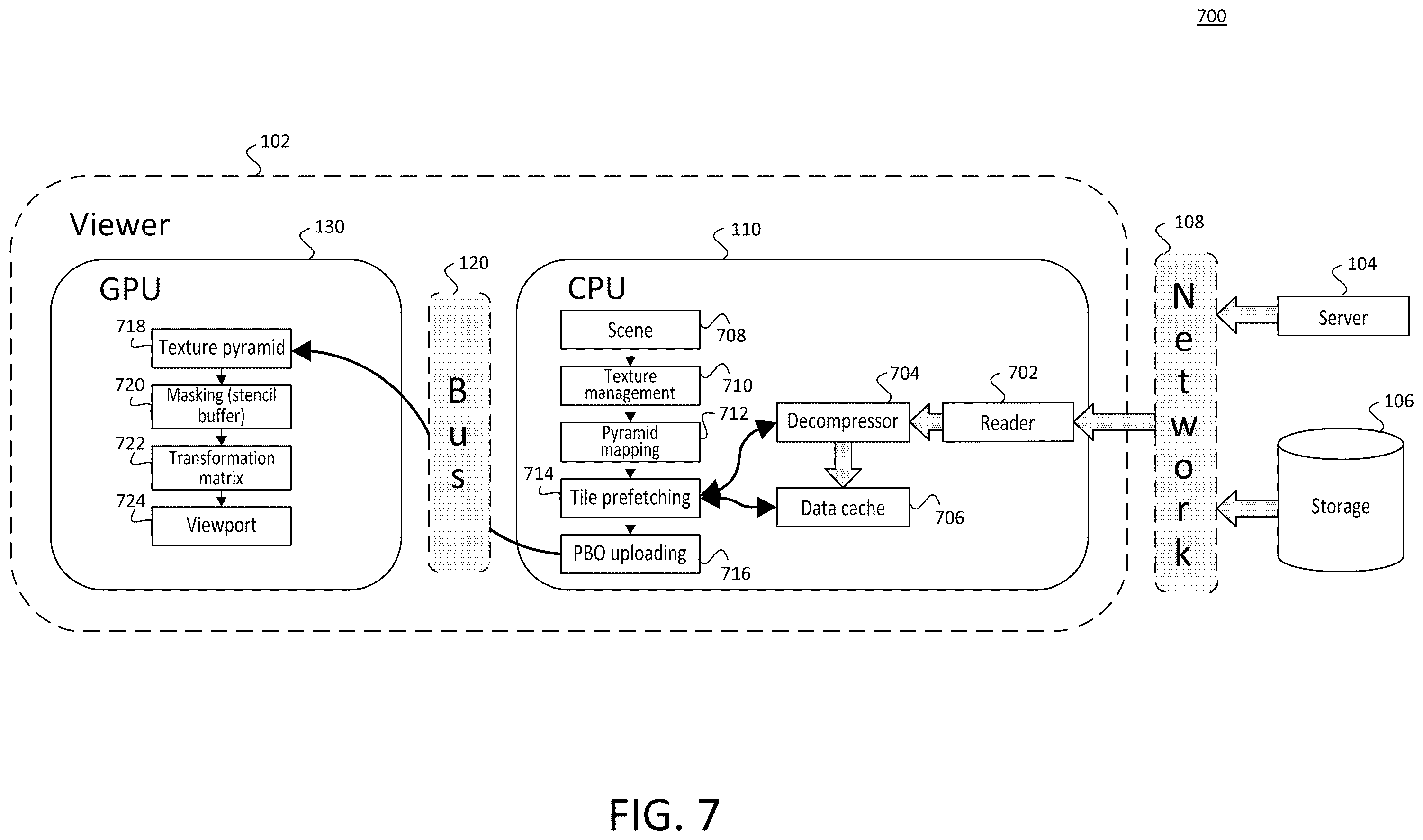 Patent US12511703 Figure 7 – Rendering pipeline for tiled images