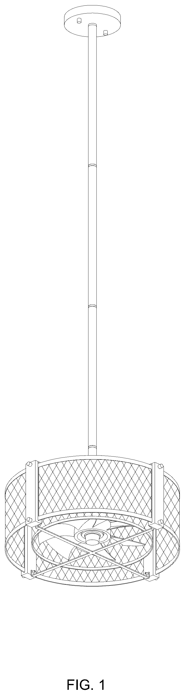 Patent USD1076050 Figure 1 – Ceiling fan with light