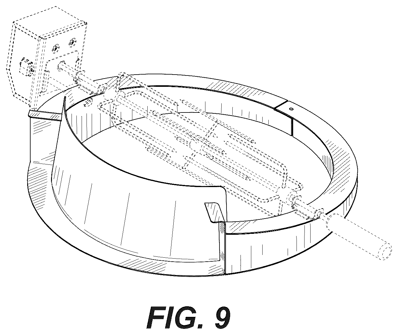 Patent USD1076585 Figure 5 – Rotisserie insert for a barbecue grill