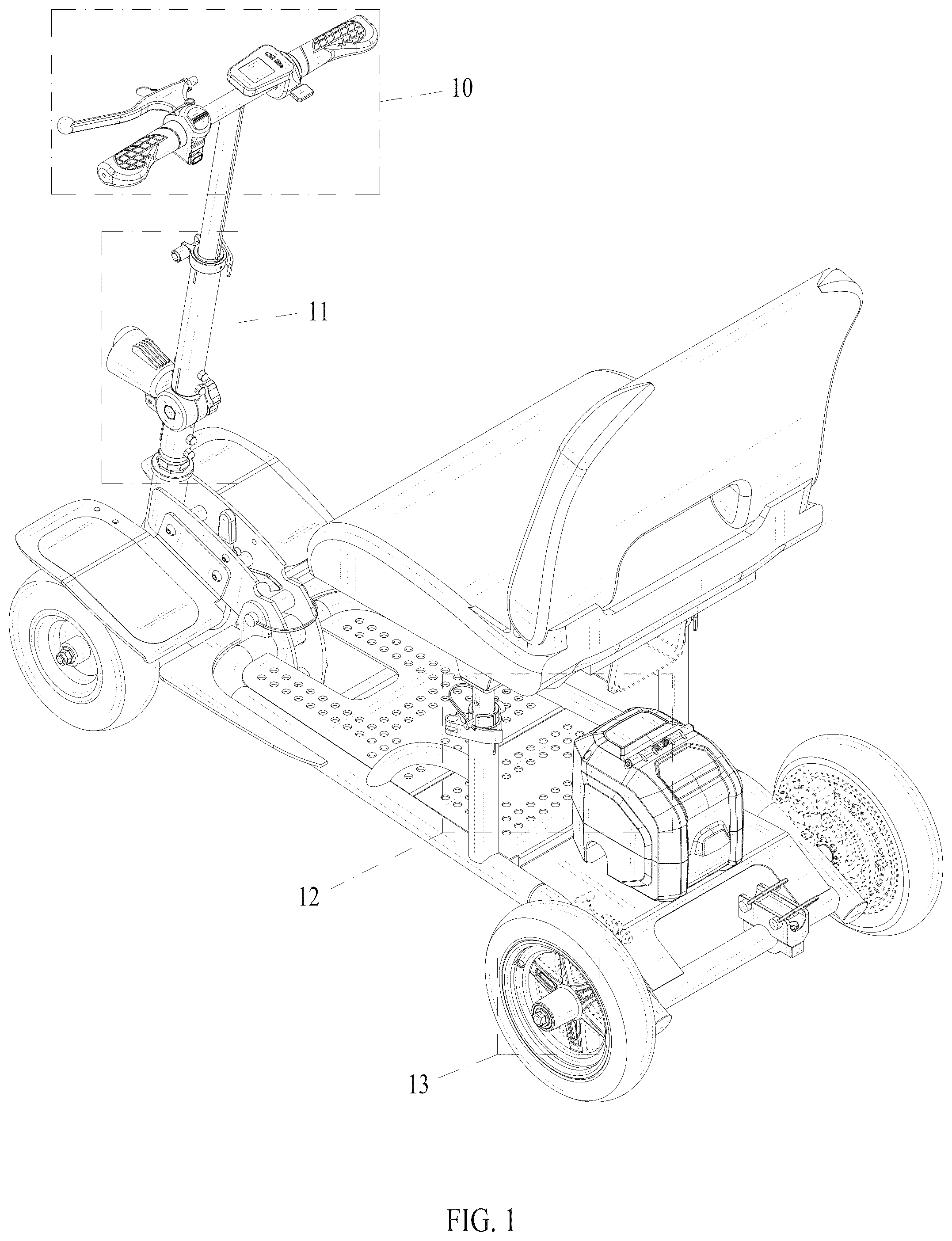 Patent USD1076733 Figure 1 – Portable mobility scooter