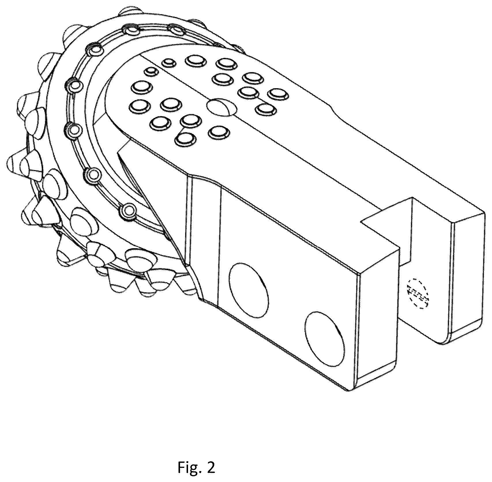 Patent USD1076990 Figure 2 – Rock roller arm for a reamer assembly