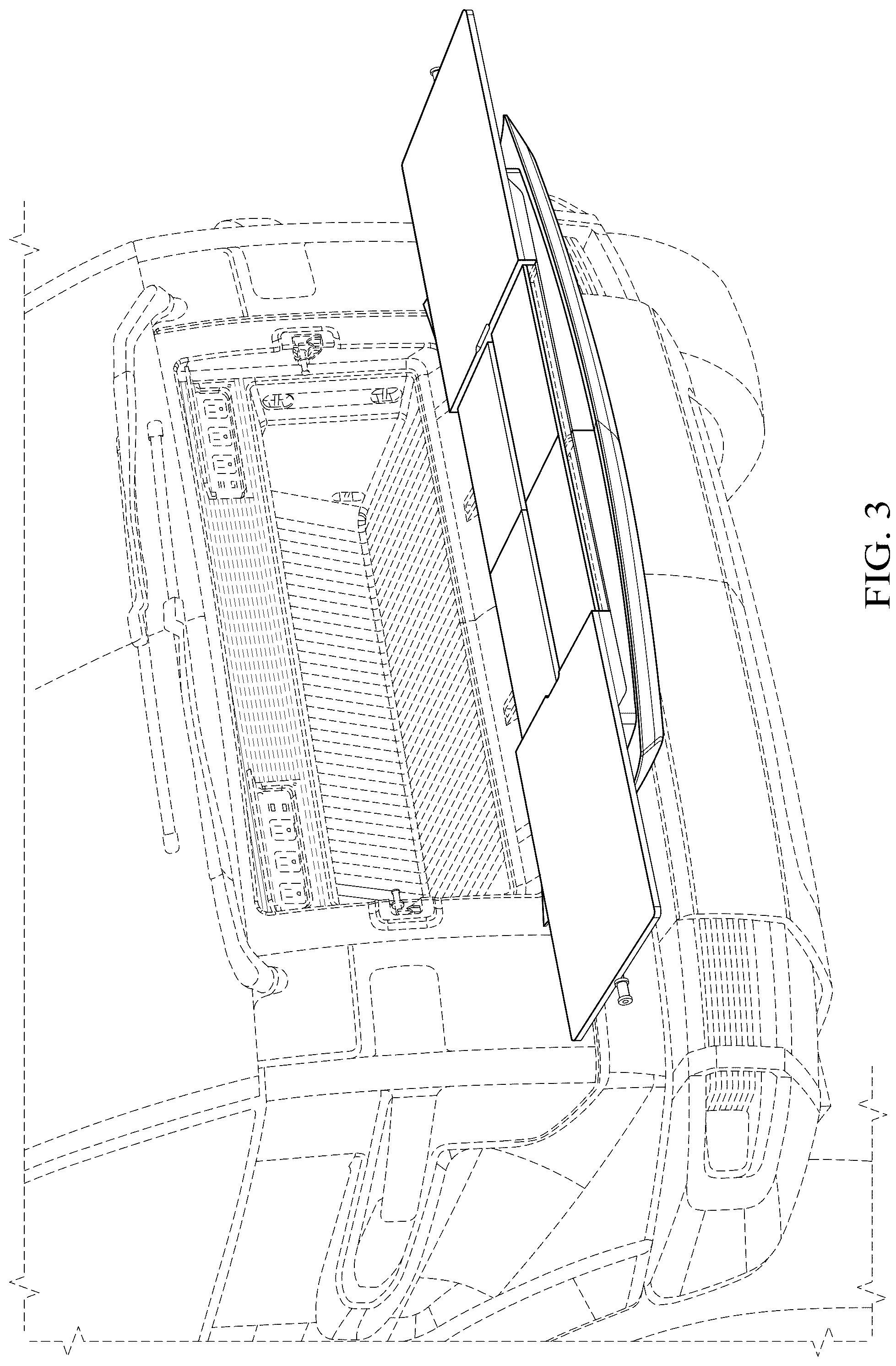 Patent USD1077710 Figure 3 – Frunk cover with slide-out workspace panels