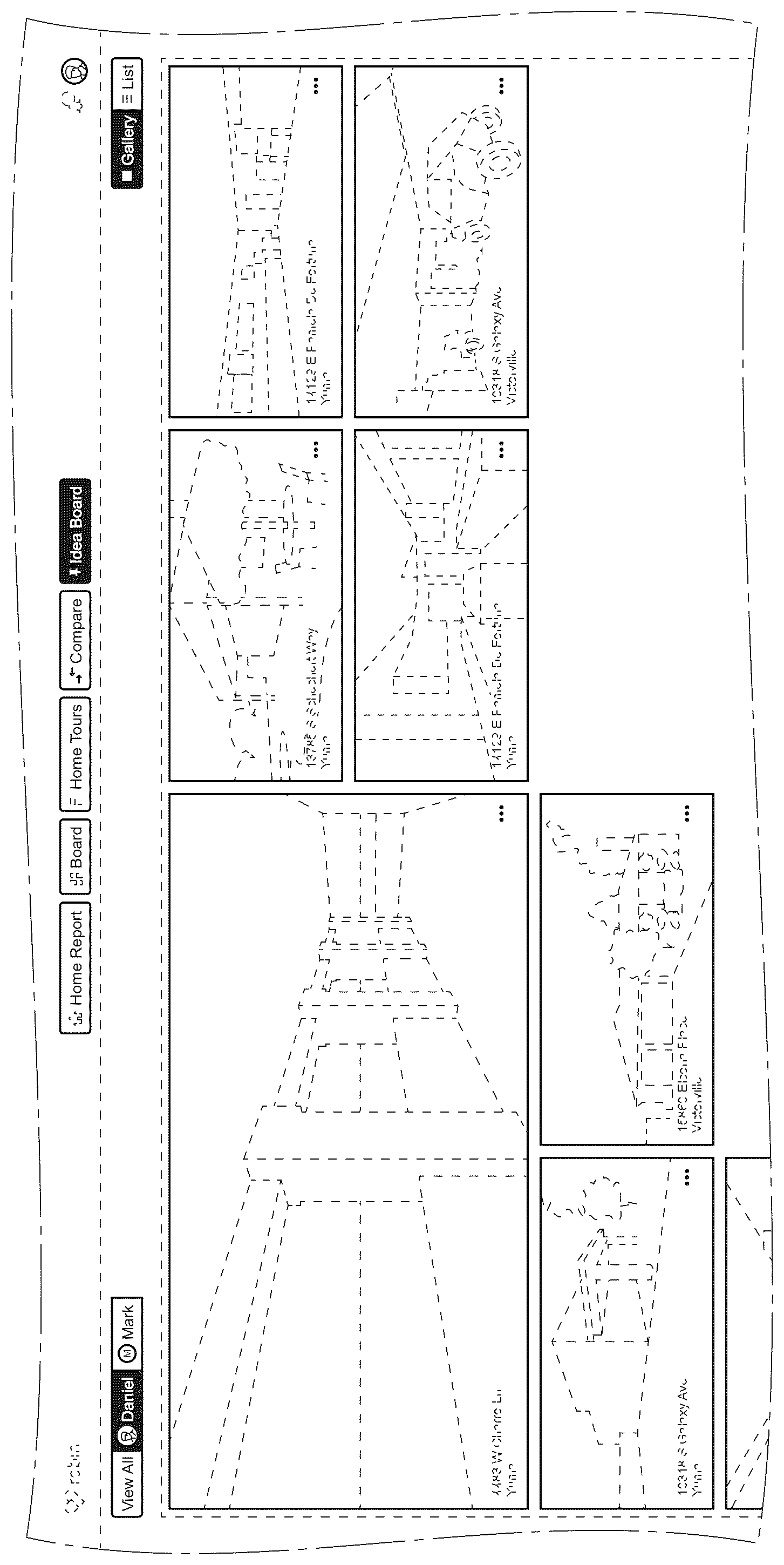 Patent USD1077840 Figure 1 – Display screen or portion thereof with a graphical user interface for a home buying idea board