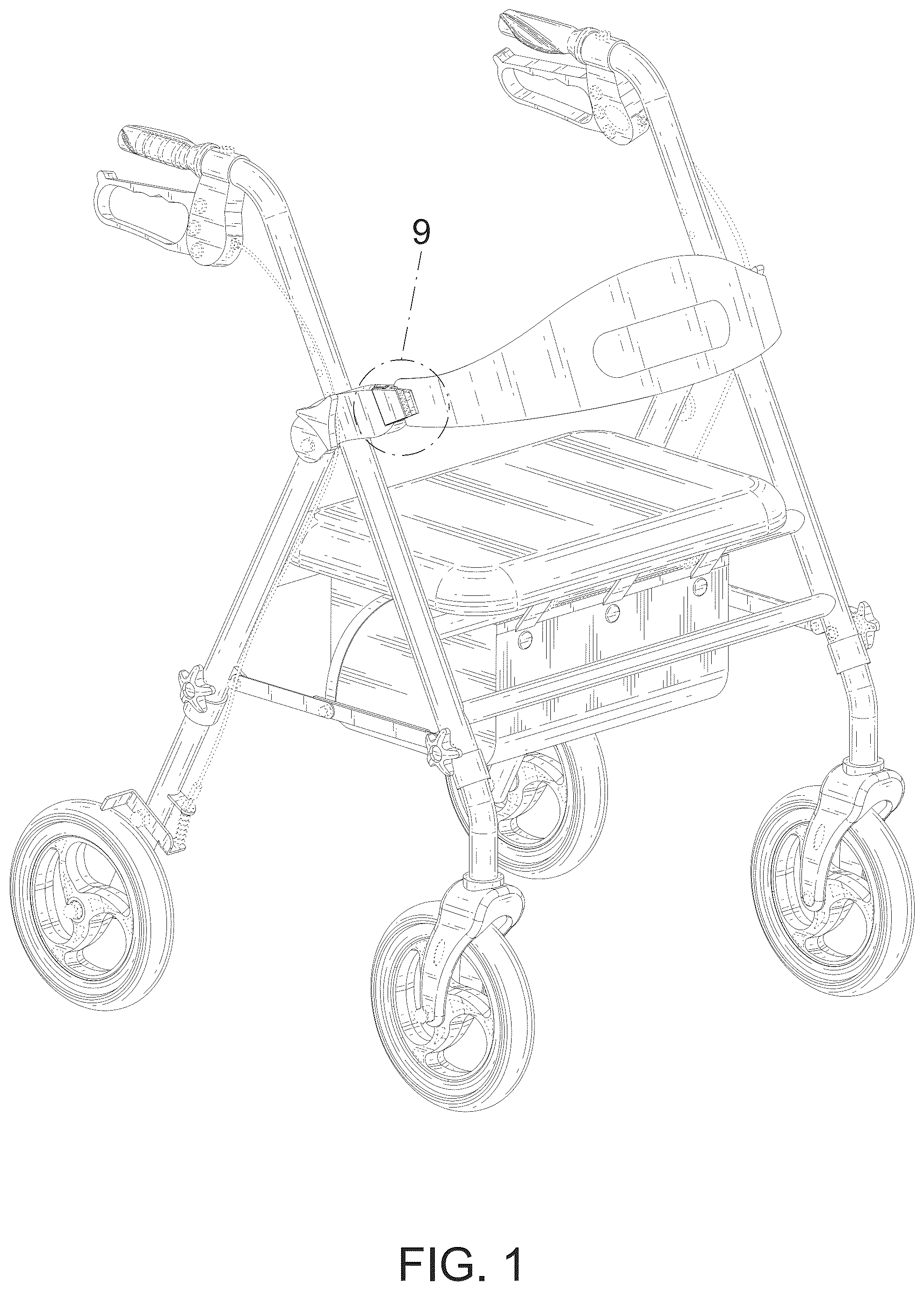 Patent USD1078557 Figure 1 – Foldable rollator walker