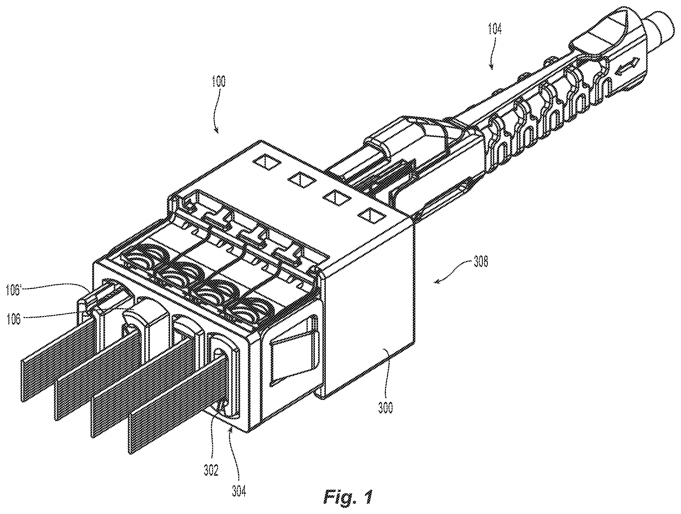 Patent US12541063 Figure 1 – Ferrule holder for miniature mt ferrule and adapter interface for mating with fiber optic connectors