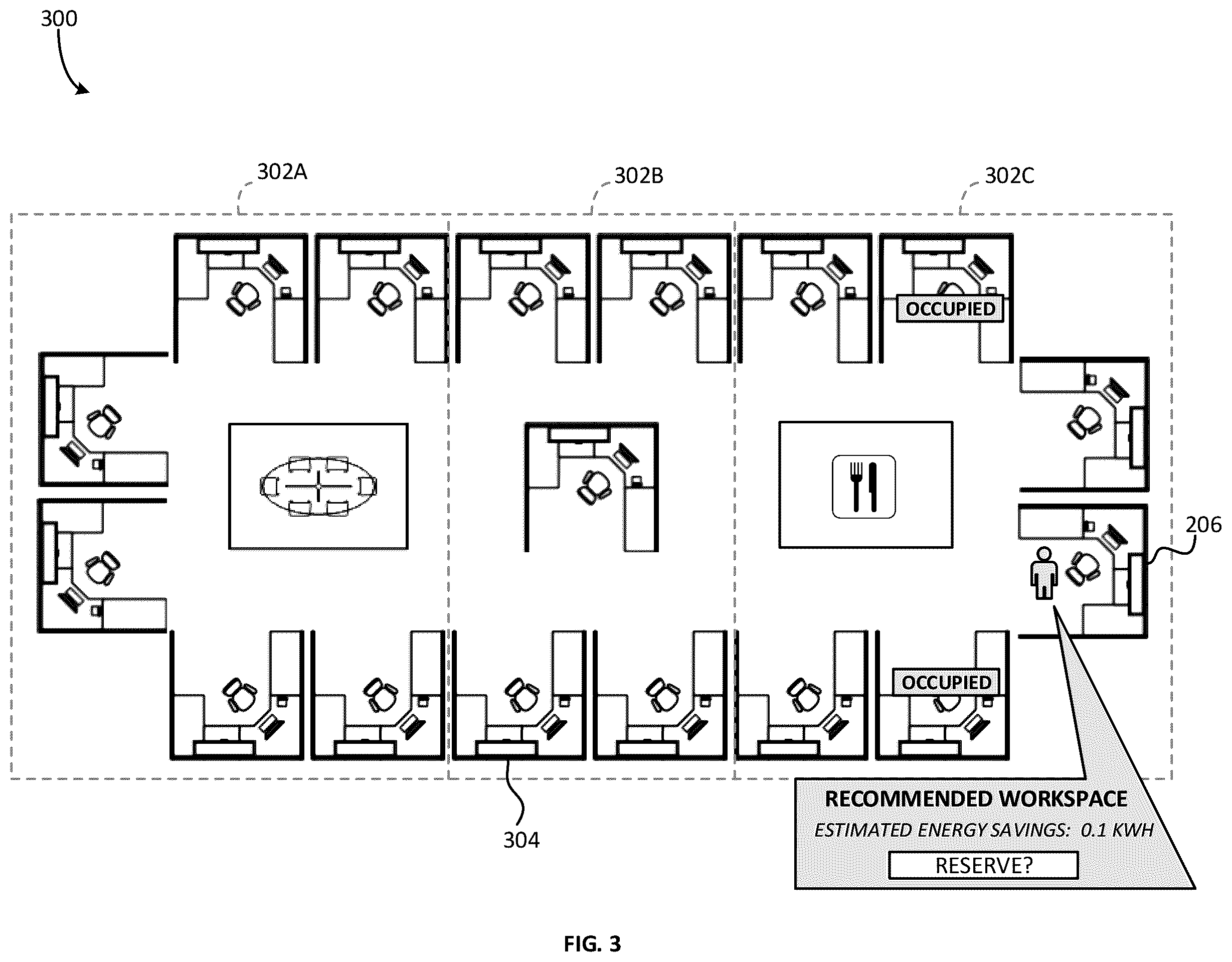 Patent US12541184 Figure 3 – Optimizing energy efficiency associated with workspaces in a building
