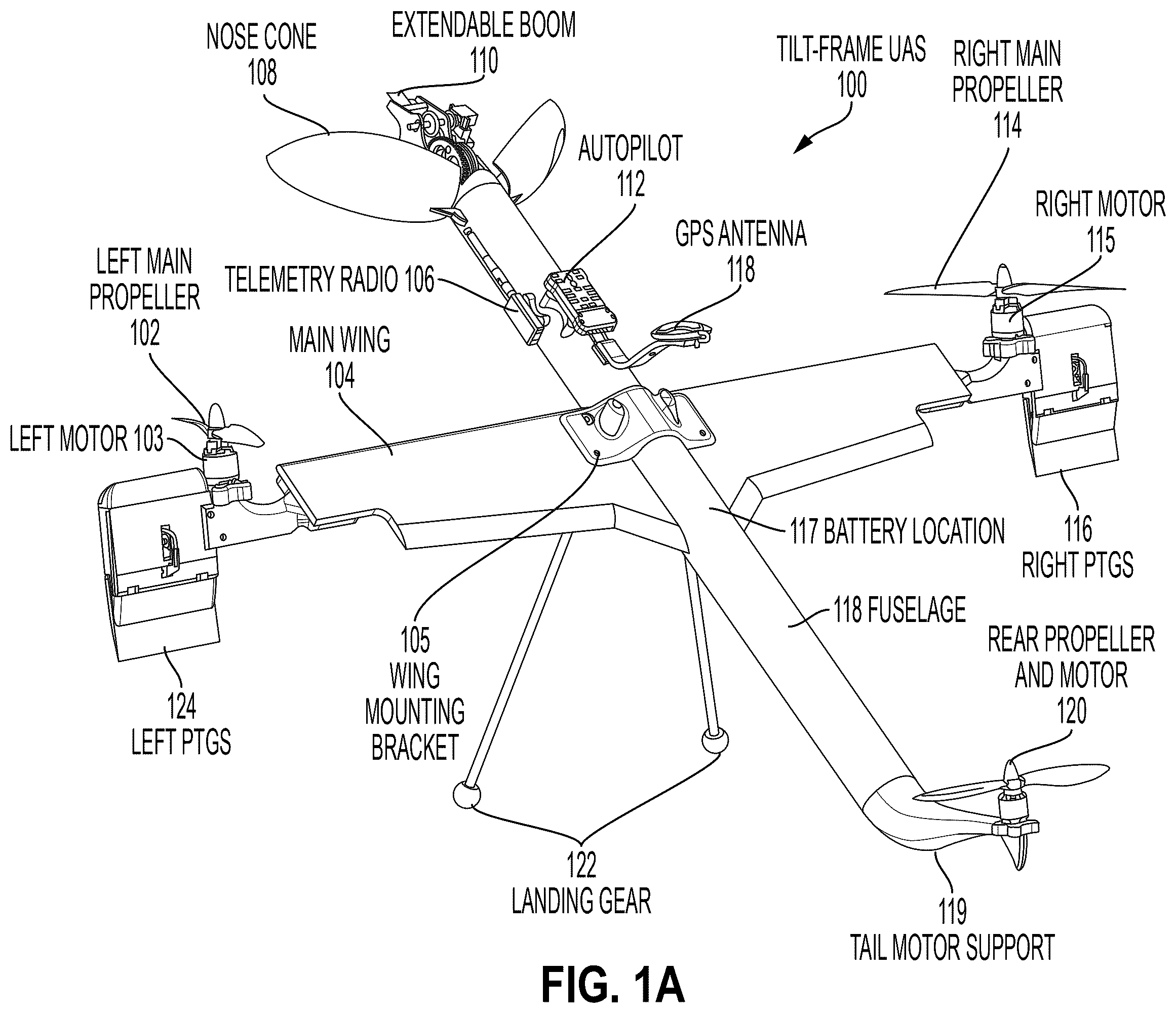 Patent US12541206 Figure 1 – Tilt-frame UAV for agricultural air sampling with a propeller-thrust-governing system that facilitates VTOL capability