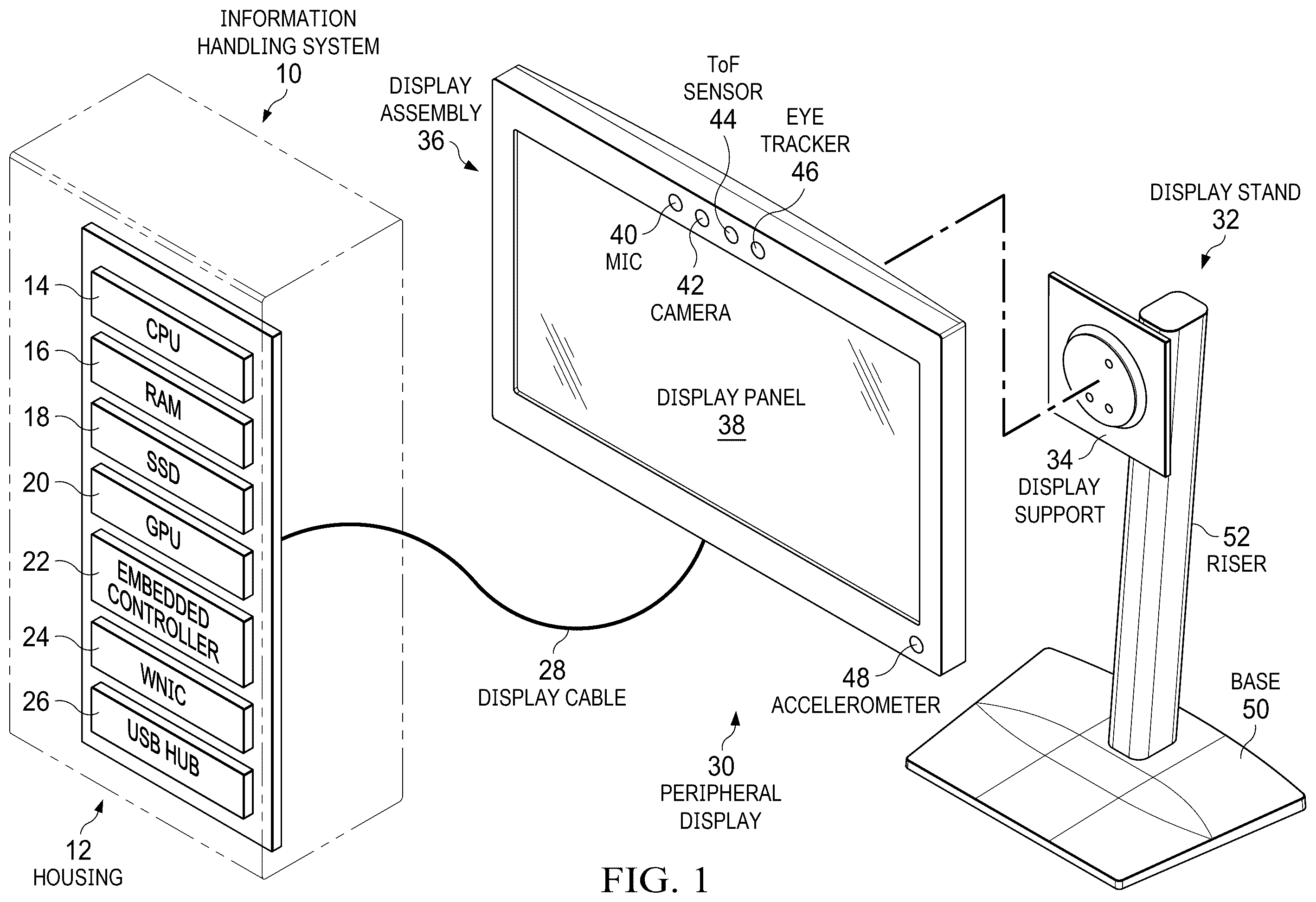 Patent US12541224 Figure 1 – Display stand supporting plural display assemblies with position detection on the display stand