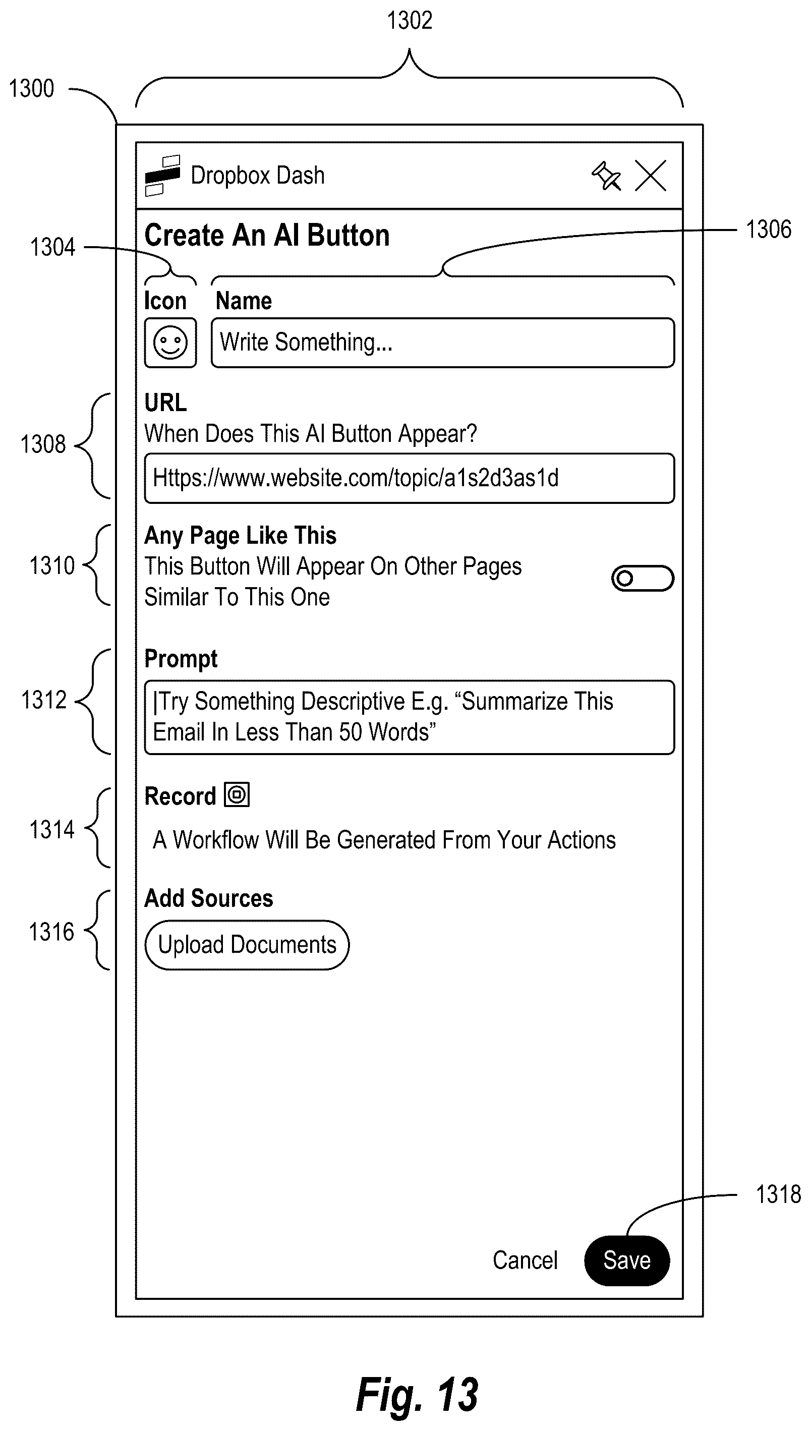 Patent US12541400 Figure 13 – Autonomous process execution for large language model function buttons
