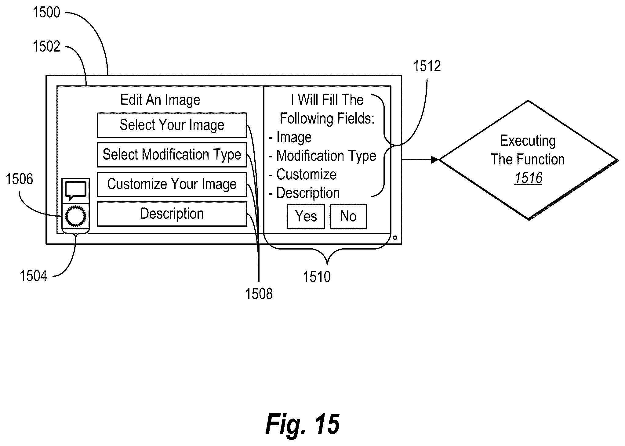 Patent US12541400 Figure 15 – Autonomous process execution for large language model function buttons