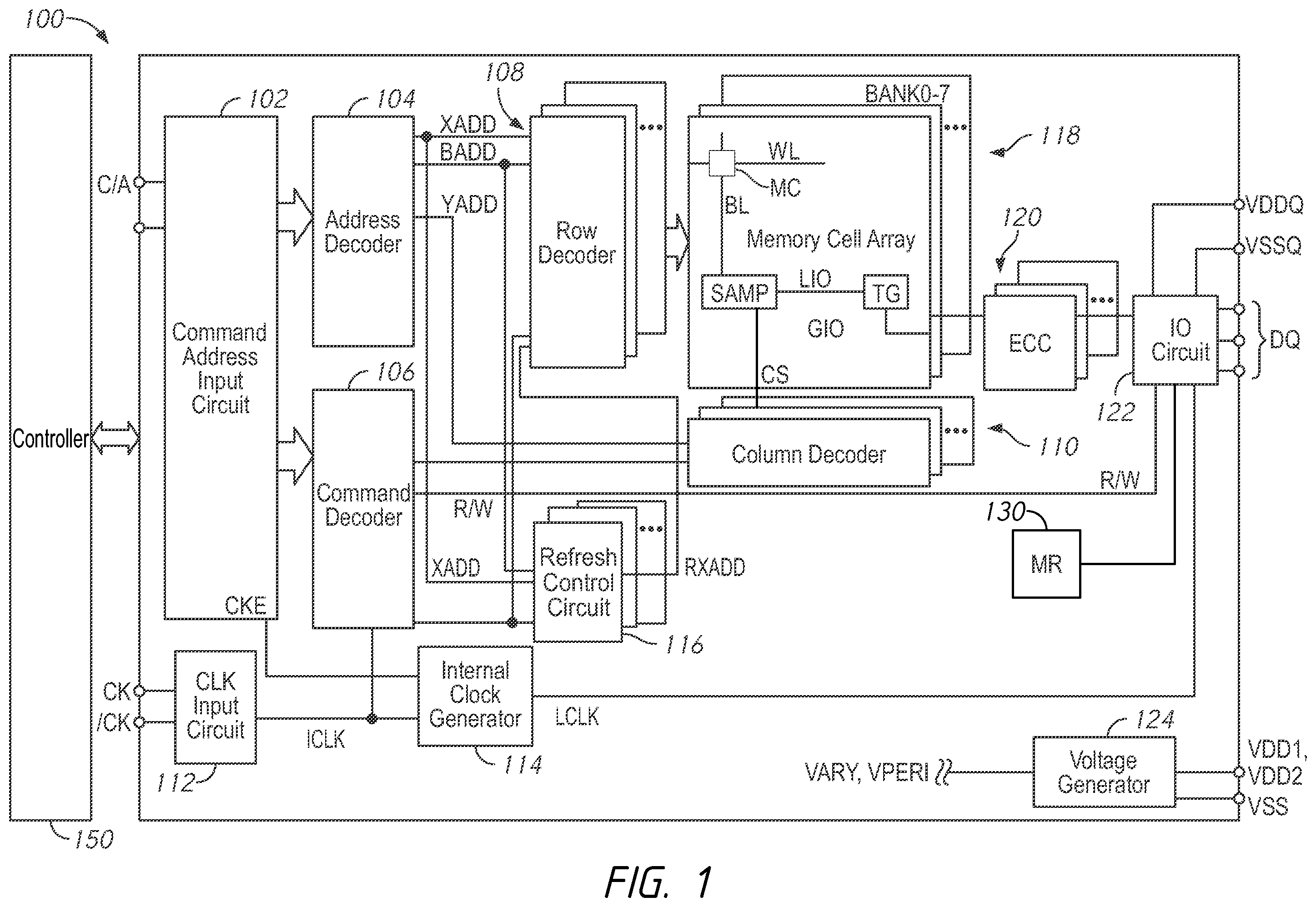 Patent US12541425 Figure 1 – Apparatuses and methods for single-pass access of ECC information, metadata information or combinations thereof