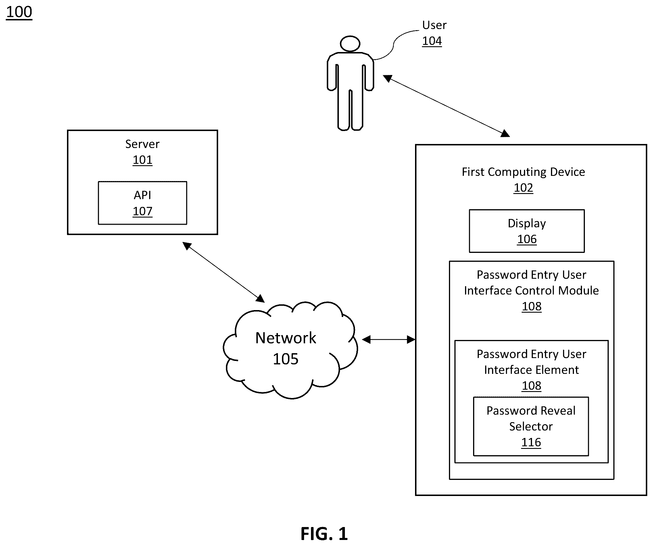 Patent US12541578 Figure 1 – Computer-based systems for hiding and/or revealing a password reveal selector of a password entry user interface element; and methods of use thereof