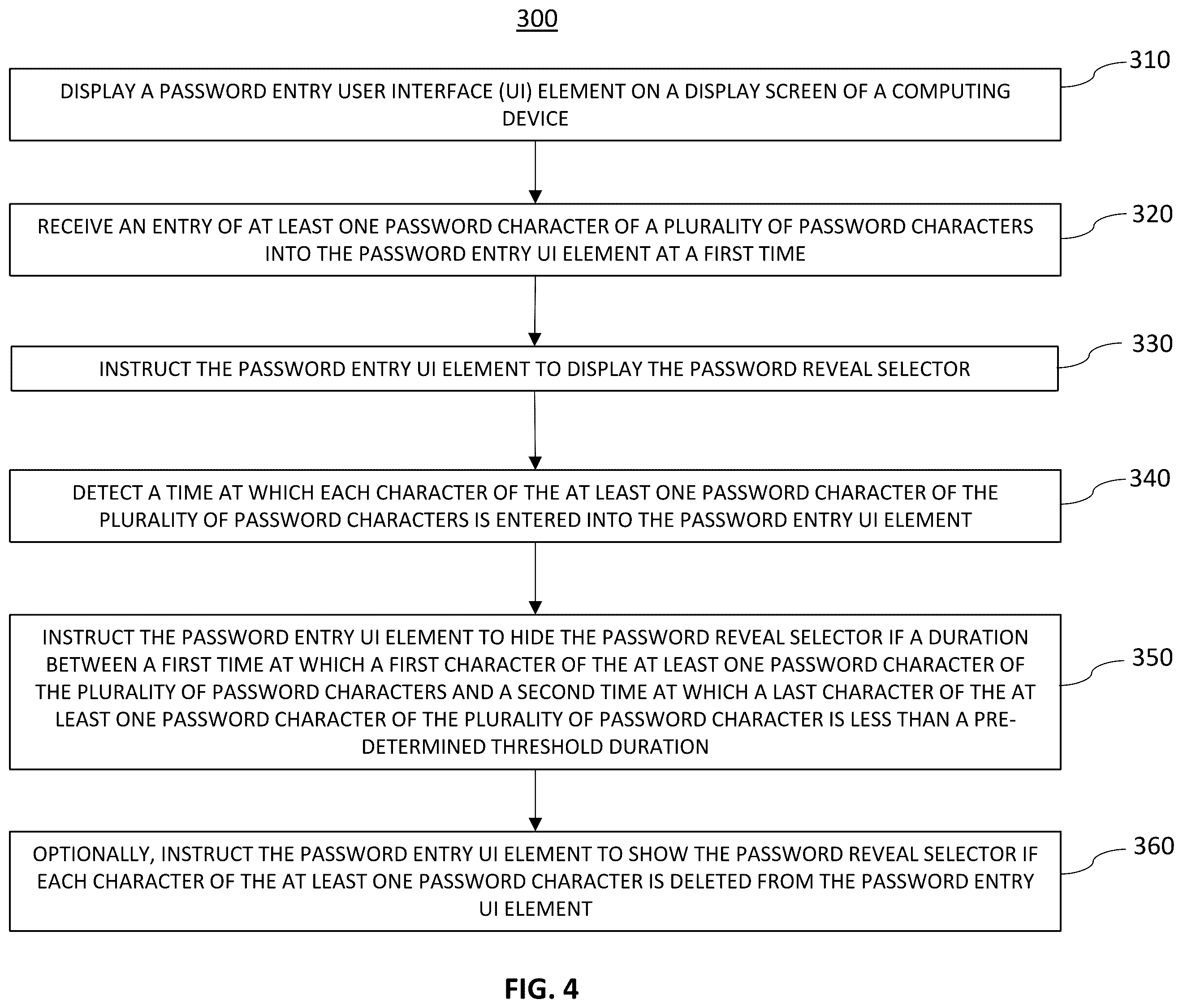 Patent US12541578 Figure 4 – Computer-based systems for hiding and/or revealing a password reveal selector of a password entry user interface element; and methods of use thereof
