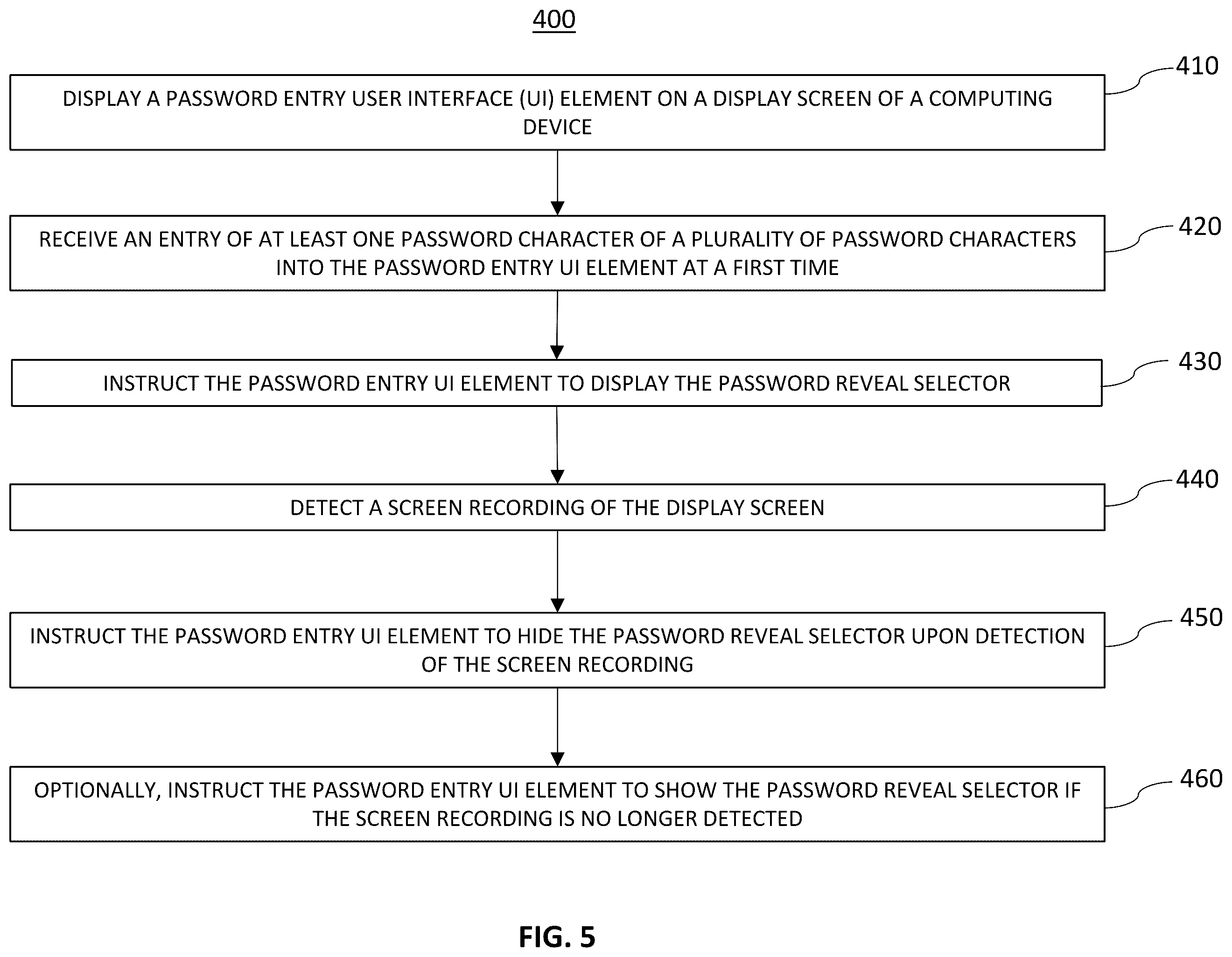 Patent US12541578 Figure 5 – Computer-based systems for hiding and/or revealing a password reveal selector of a password entry user interface element; and methods of use thereof
