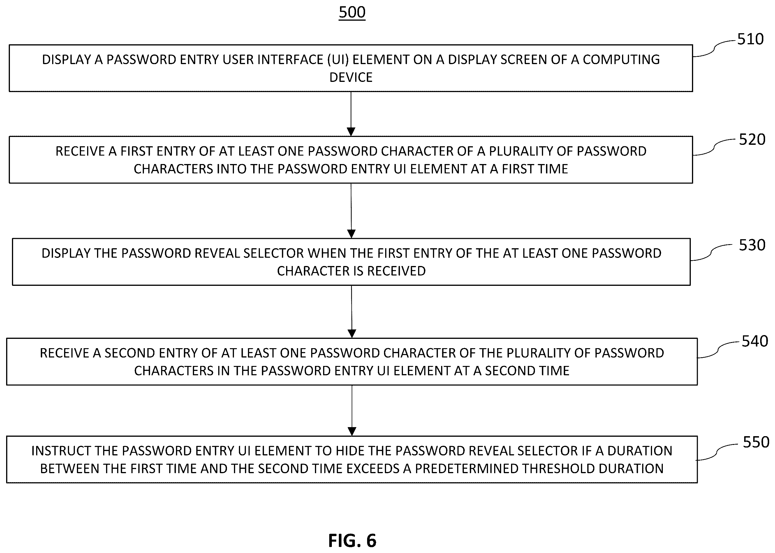 Patent US12541578 Figure 6 – Computer-based systems for hiding and/or revealing a password reveal selector of a password entry user interface element; and methods of use thereof
