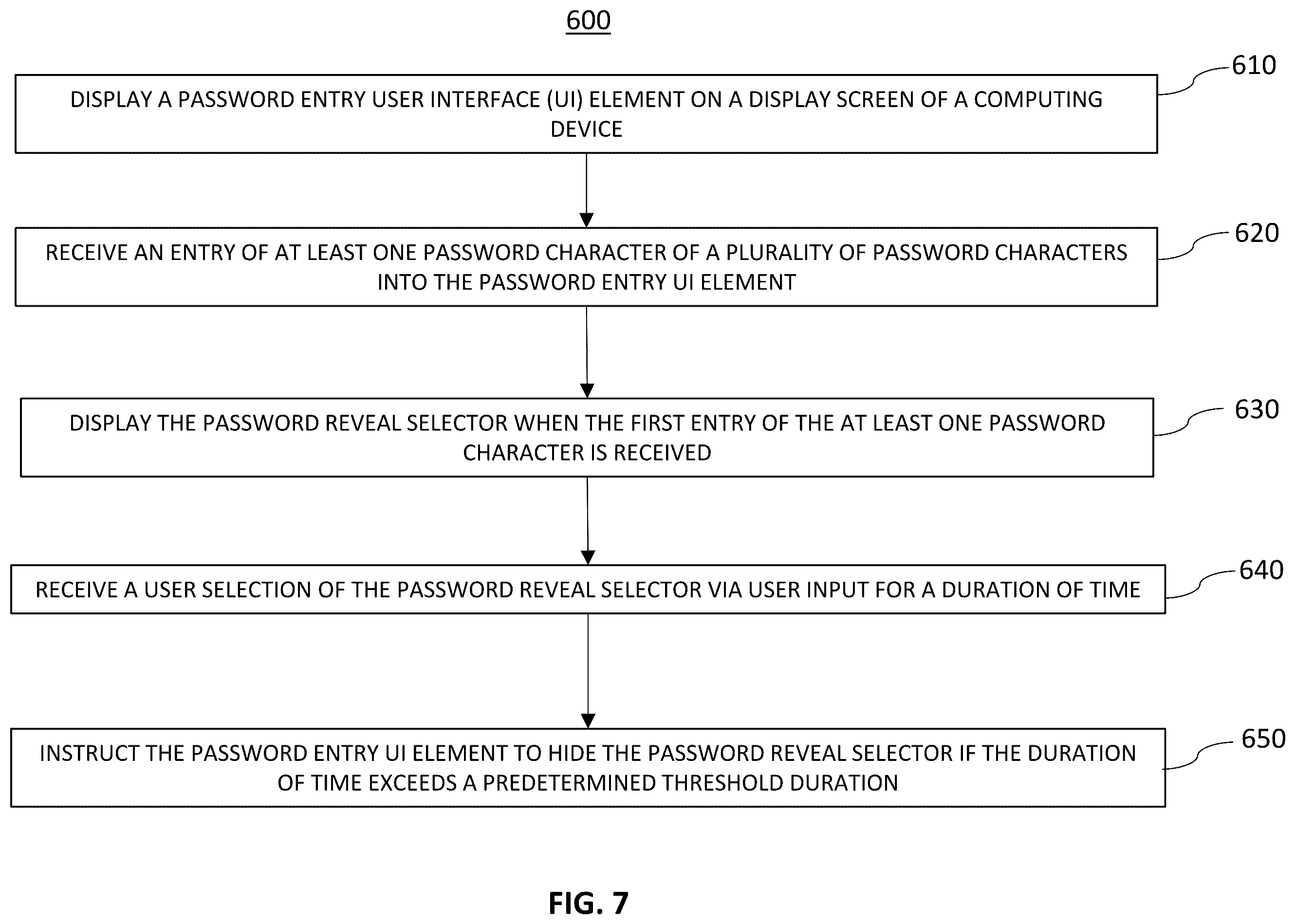 Patent US12541578 Figure 7 – Computer-based systems for hiding and/or revealing a password reveal selector of a password entry user interface element; and methods of use thereof