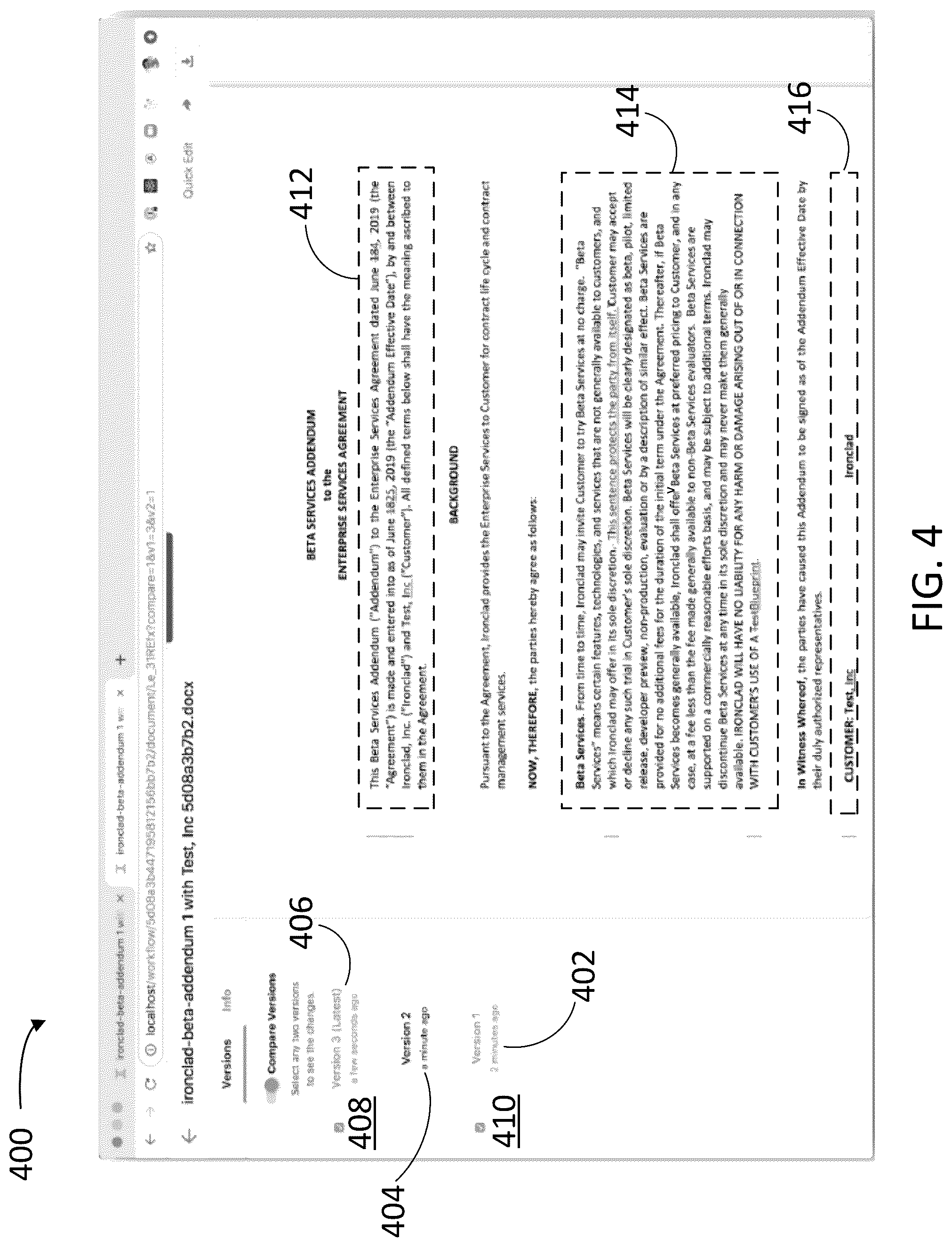 Patent US12541643 Figure 4 – Smart detection of and templates for contract edits in a workflow