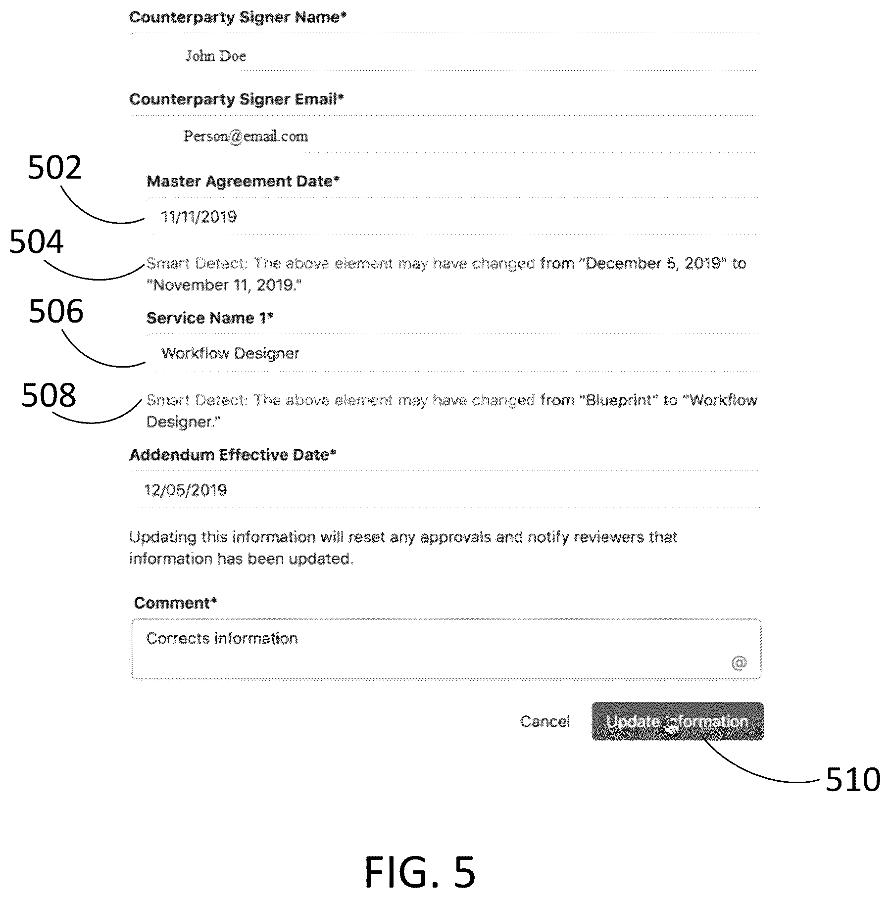 Patent US12541643 Figure 5 – Smart detection of and templates for contract edits in a workflow