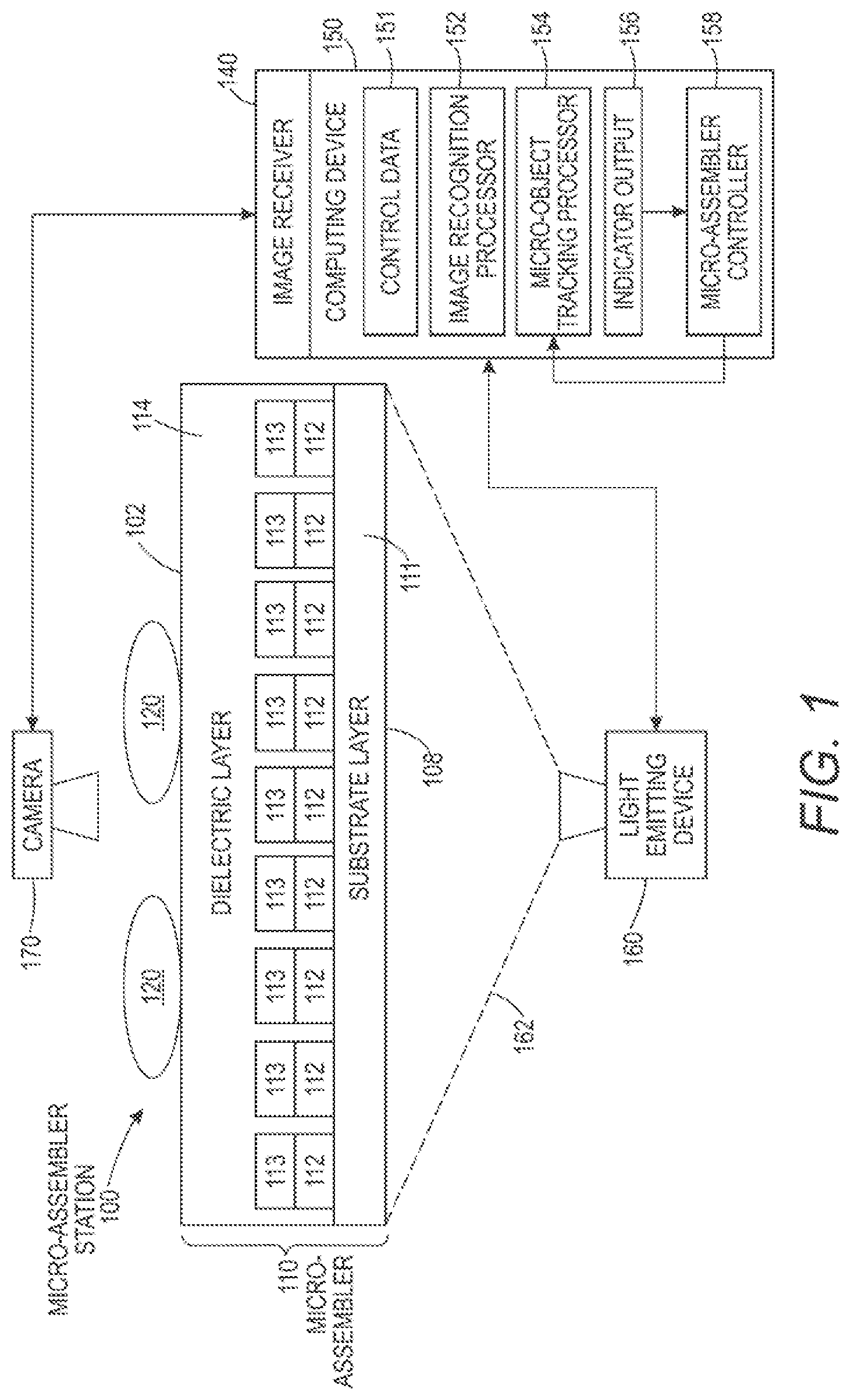 Patent US12541863 Figure 1 – Micro-object movement monitor to observe controlled micro-object movement