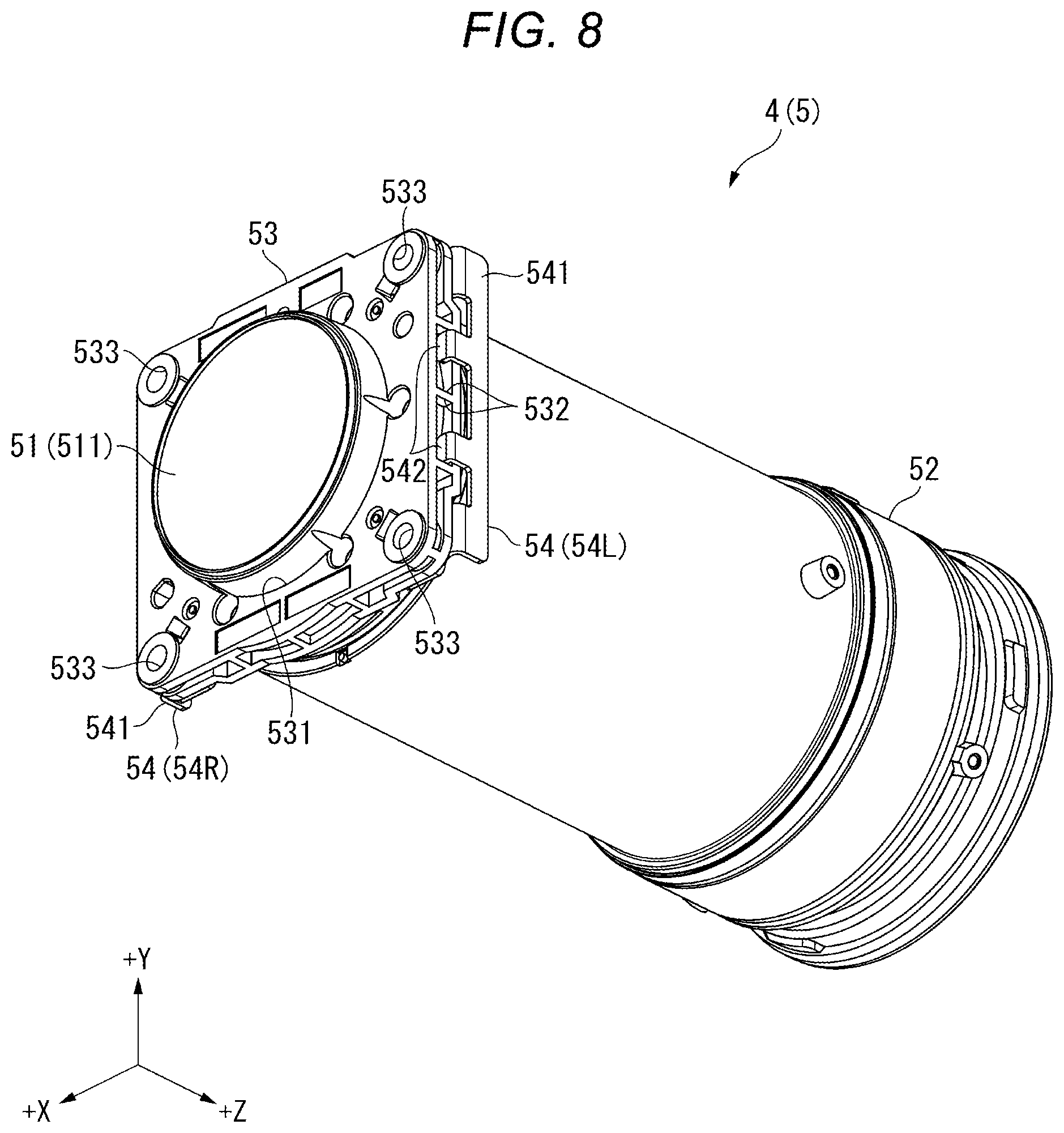 Patent US12547060 Figure 8 – Projector with moving device that moves projection optical device