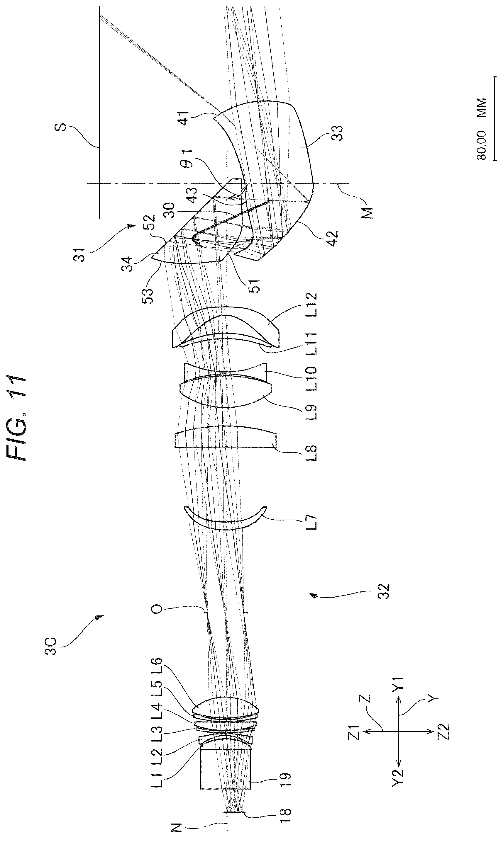 Patent US12547062 Figure 11 – Optical system and projector