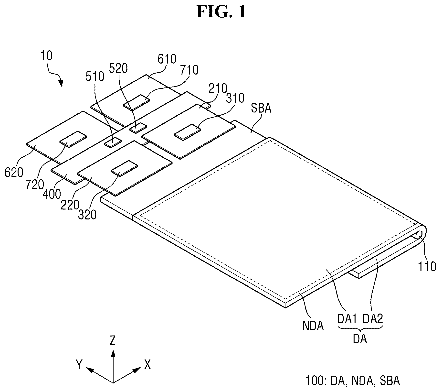 Patent US12547263 Figure 1 – Flexible display device with resistance sensing lines overlapping driving and sensing electrodes