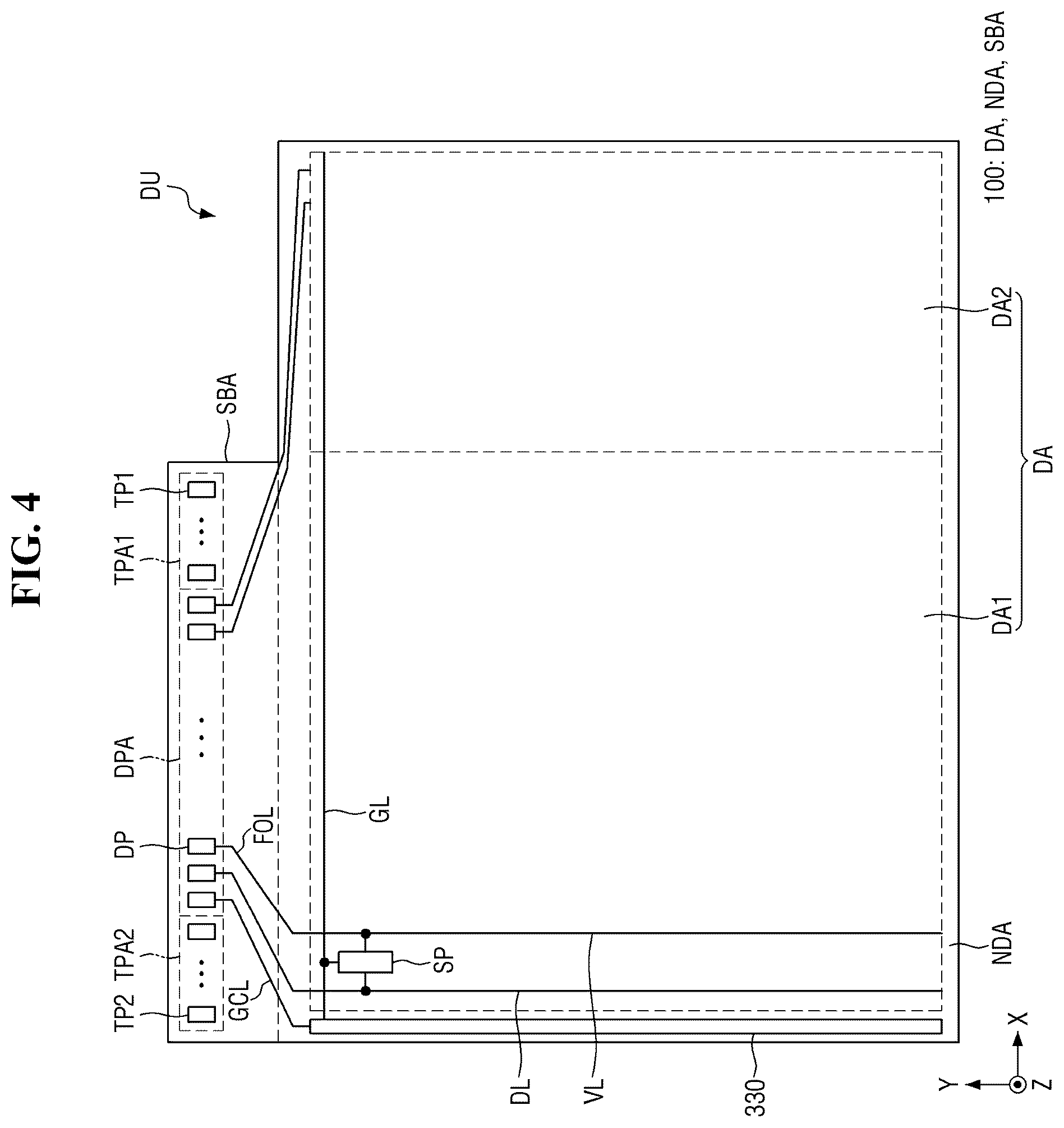 Patent US12547263 Figure 4 – Flexible display device with resistance sensing lines overlapping driving and sensing electrodes