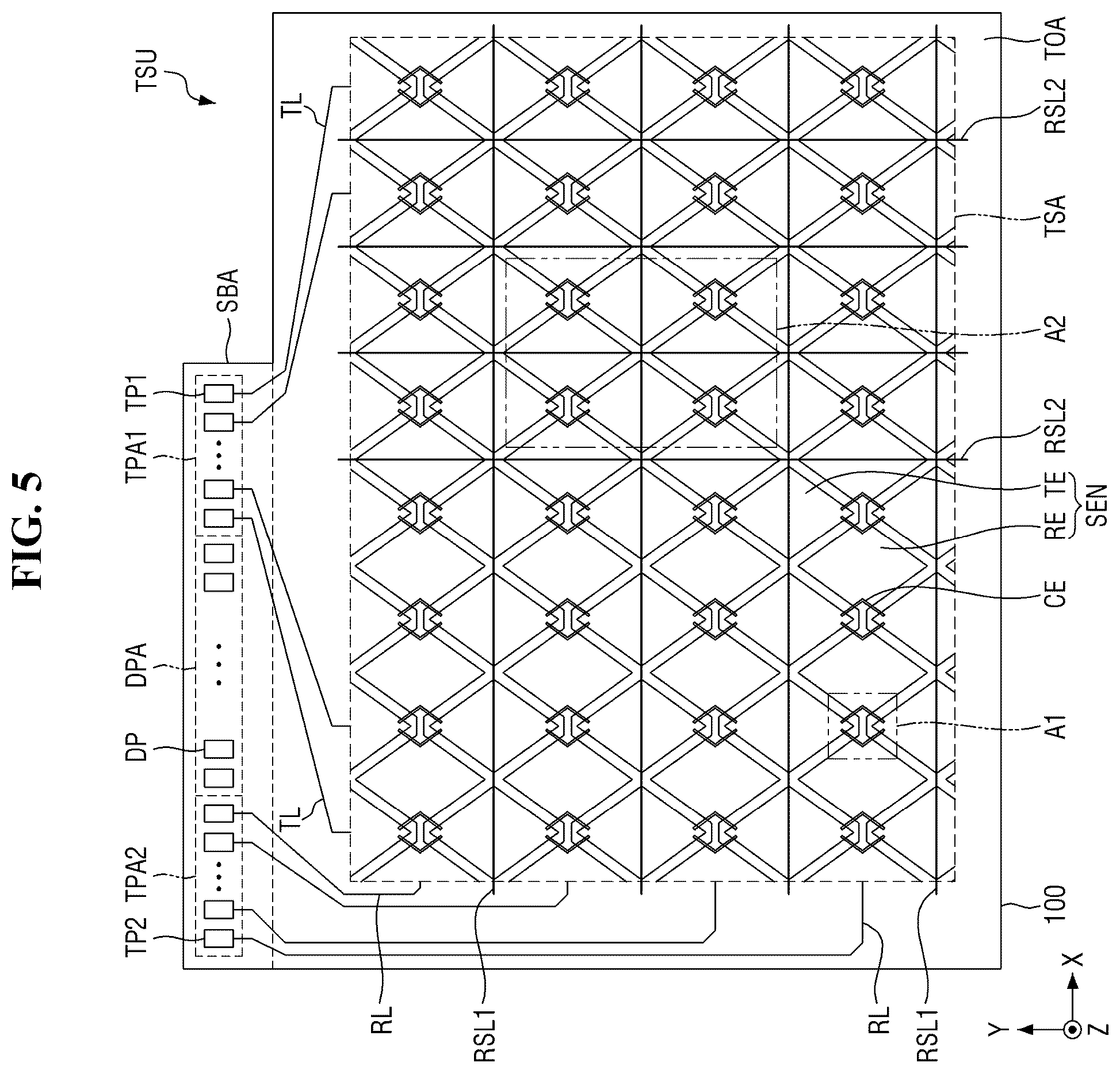 Patent US12547263 Figure 5 – Flexible display device with resistance sensing lines overlapping driving and sensing electrodes