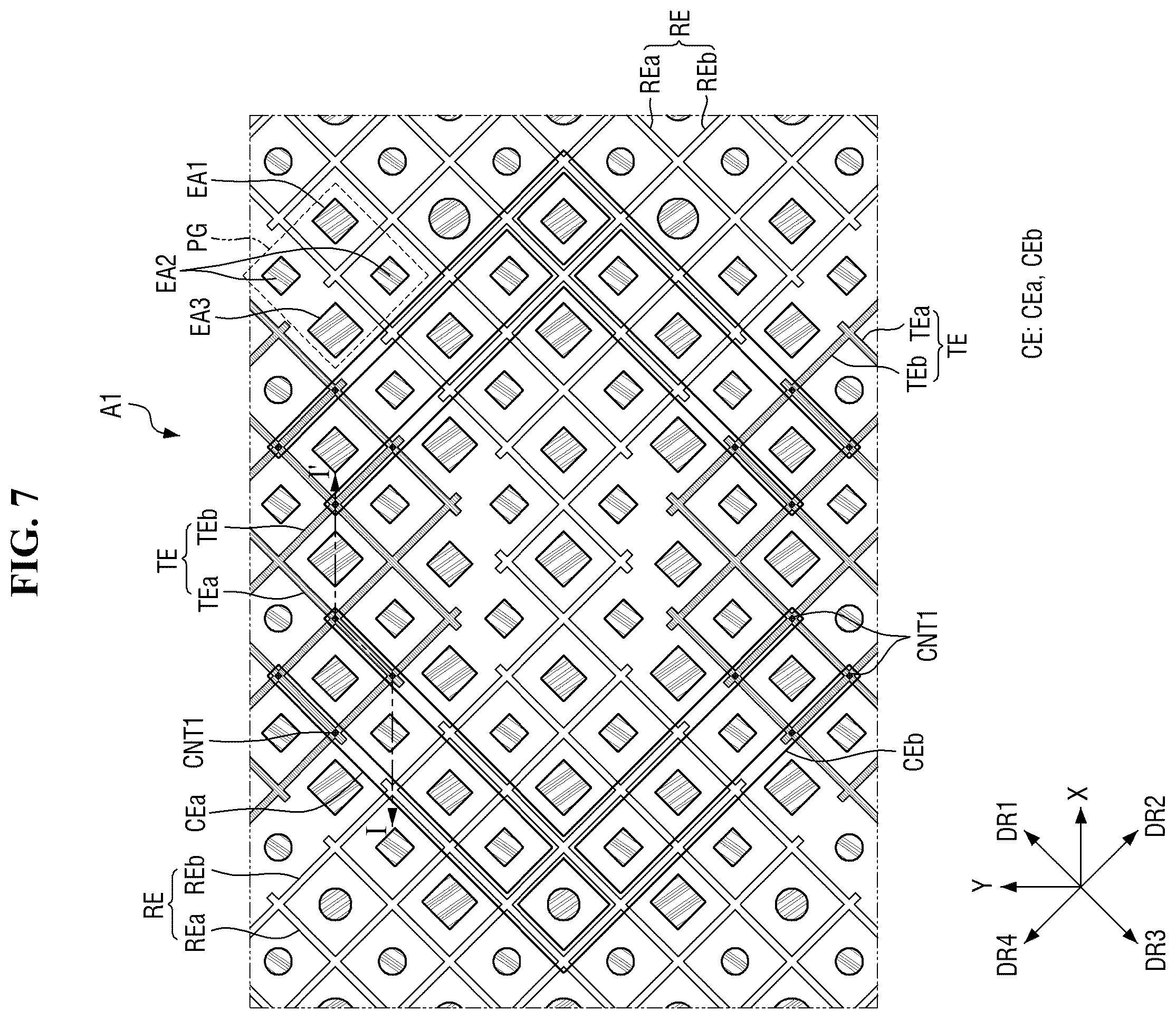Patent US12547263 Figure 7 – Flexible display device with resistance sensing lines overlapping driving and sensing electrodes