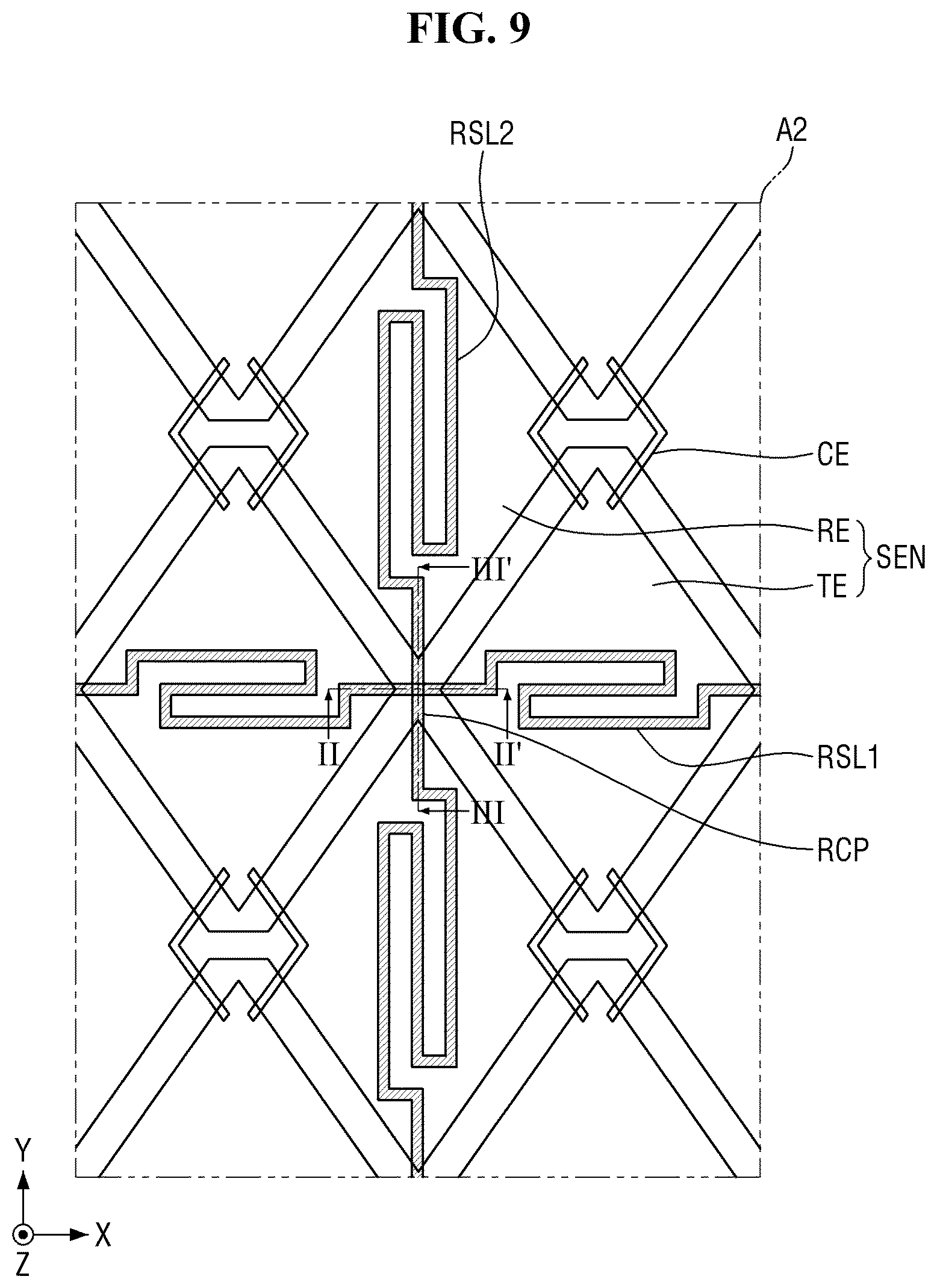 Patent US12547263 Figure 9 – Flexible display device with resistance sensing lines overlapping driving and sensing electrodes
