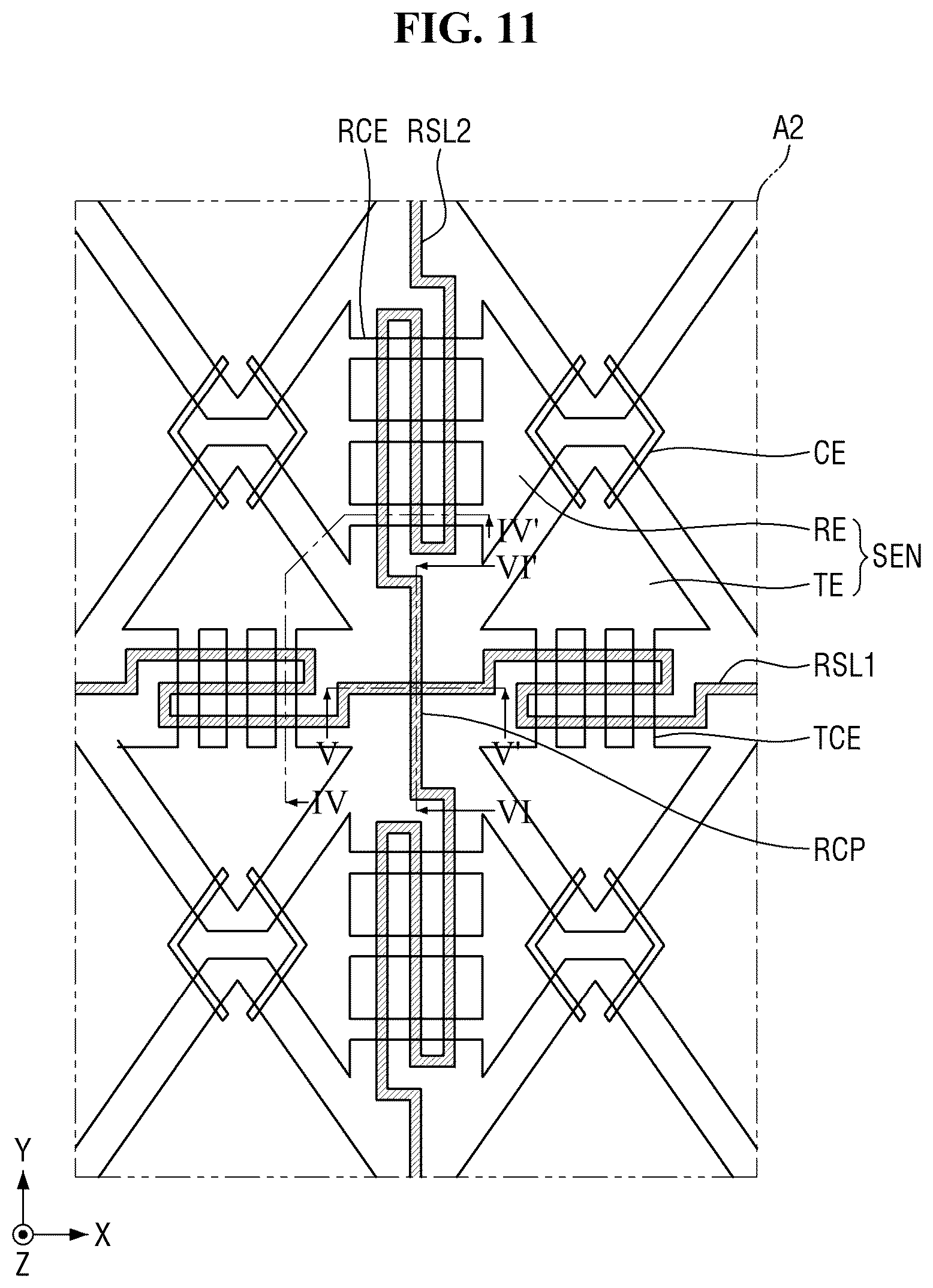 Patent US12547263 Figure 11 – Flexible display device with resistance sensing lines overlapping driving and sensing electrodes
