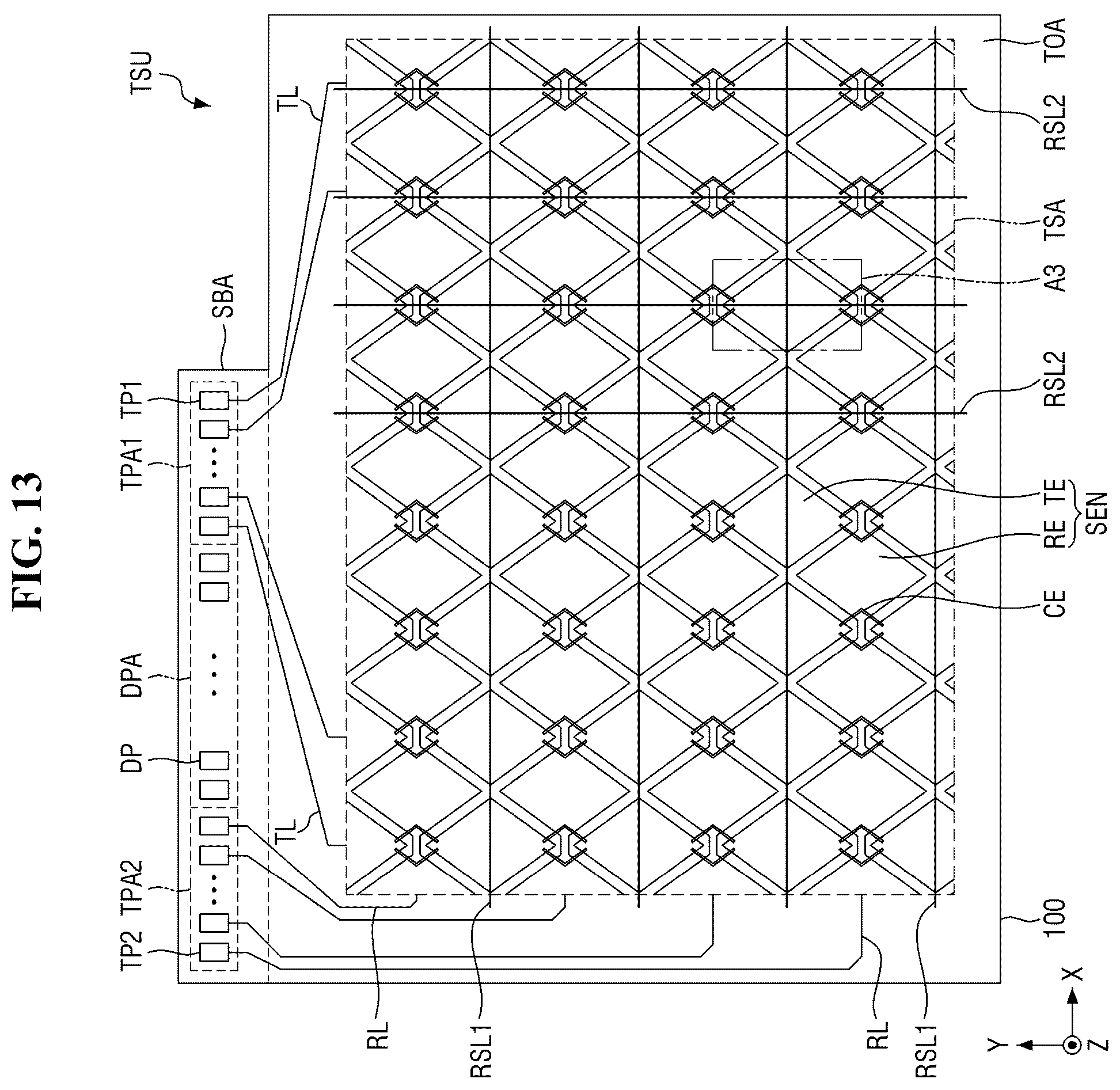 Patent US12547263 Figure 13 – Flexible display device with resistance sensing lines overlapping driving and sensing electrodes