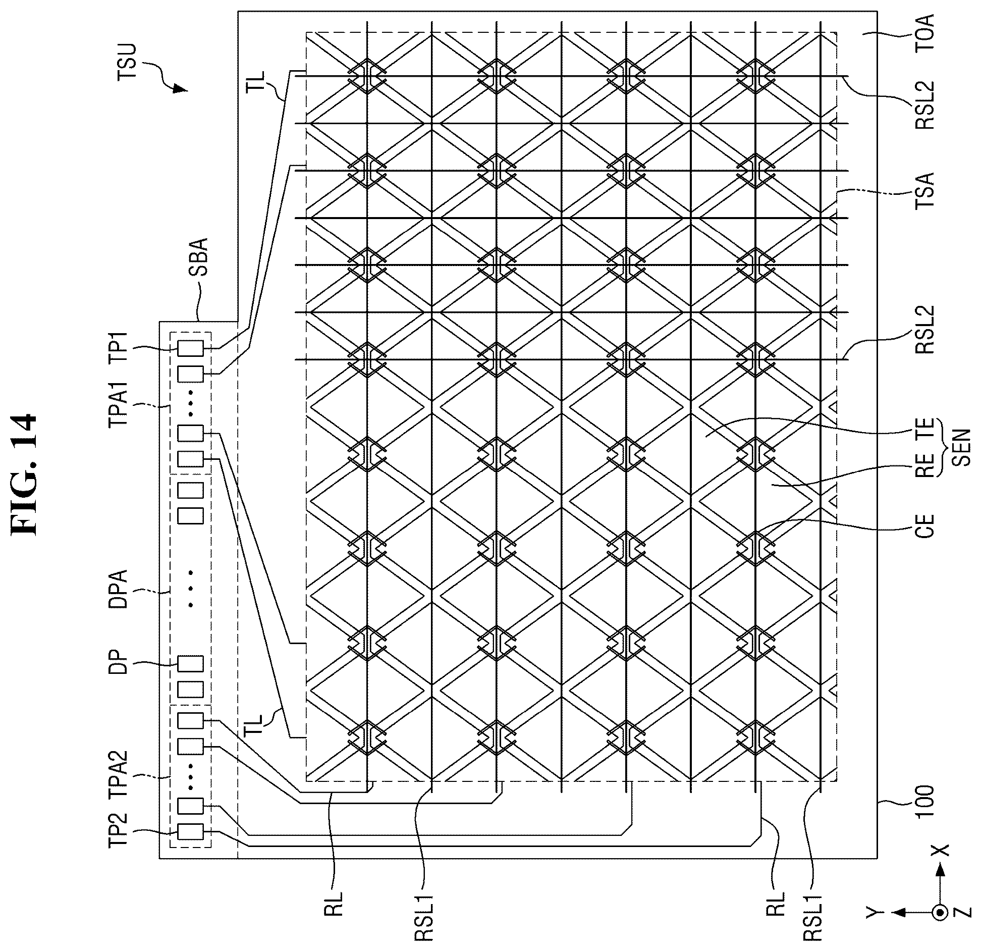 Patent US12547263 Figure 14 – Flexible display device with resistance sensing lines overlapping driving and sensing electrodes