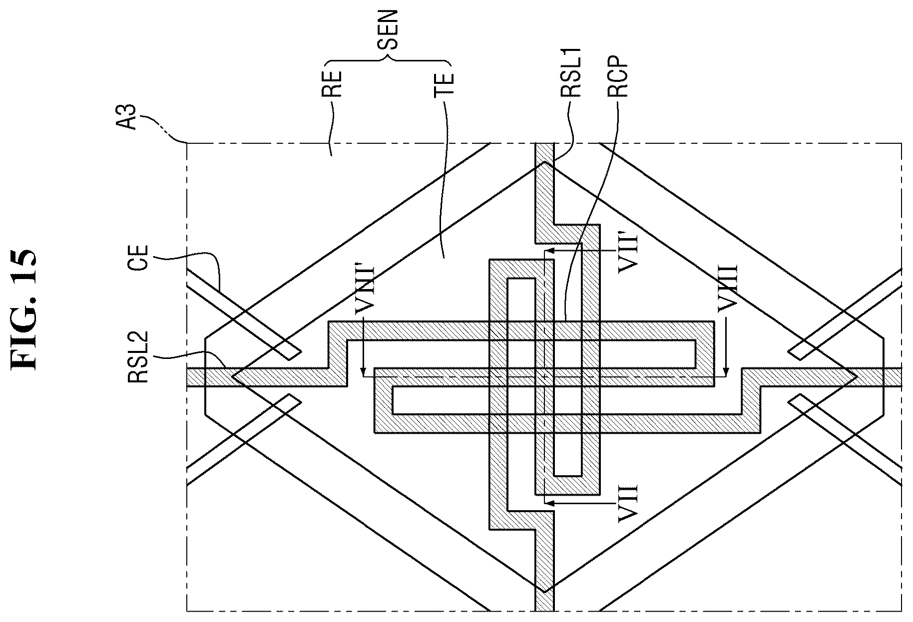 Patent US12547263 Figure 15 – Flexible display device with resistance sensing lines overlapping driving and sensing electrodes