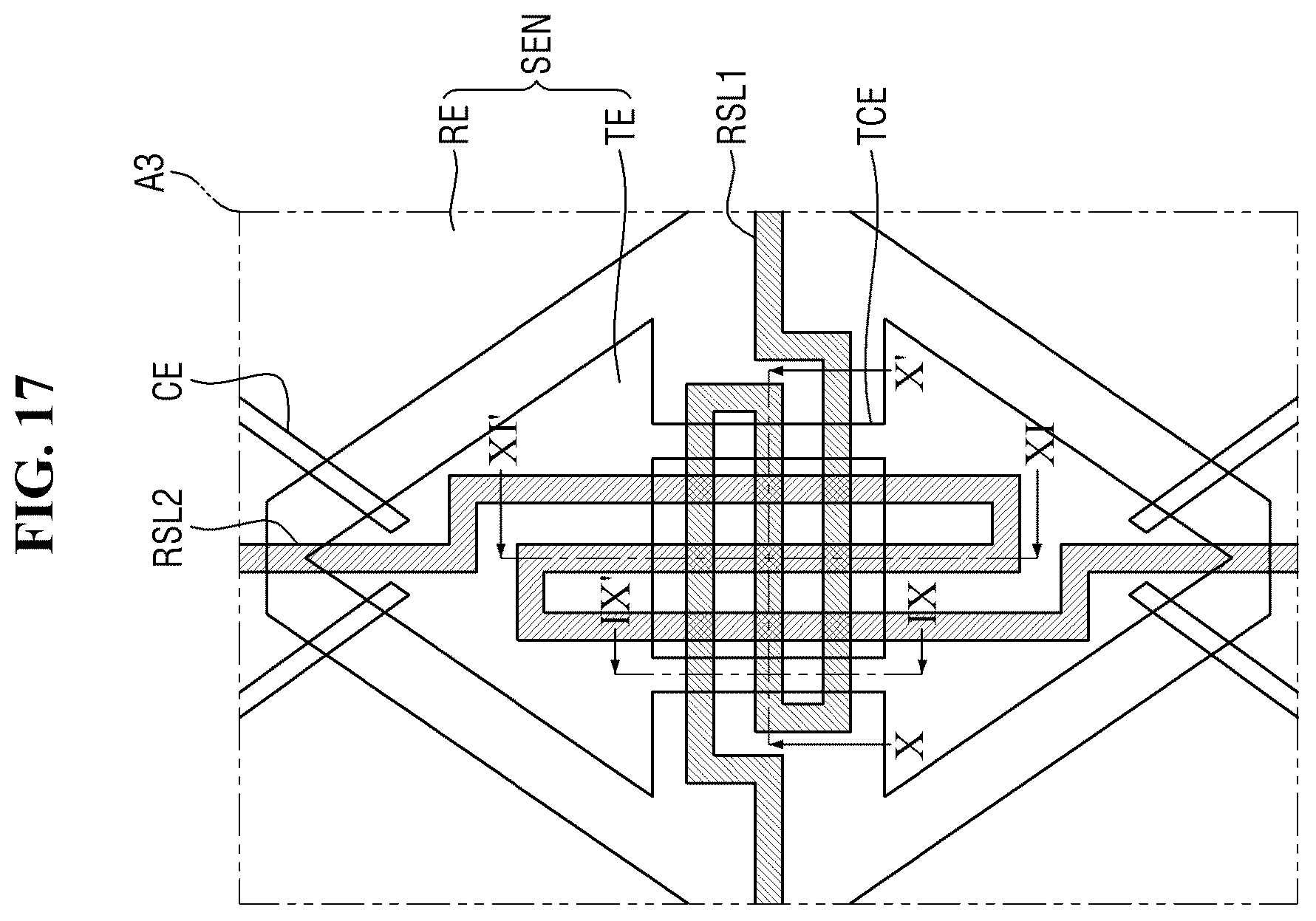 Patent US12547263 Figure 17 – Flexible display device with resistance sensing lines overlapping driving and sensing electrodes