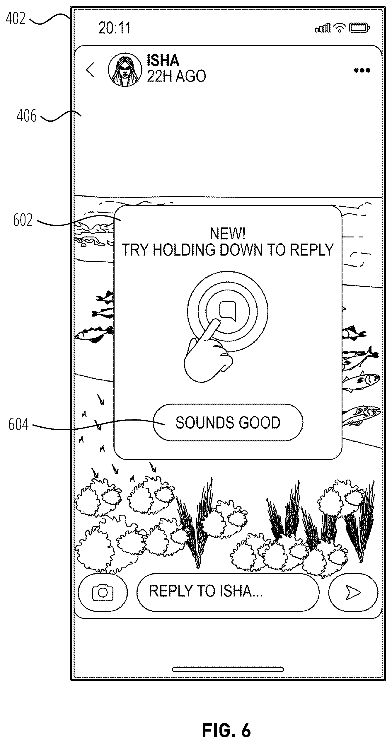 Patent US12547309 Figure 6 – User interface providing reply state transition