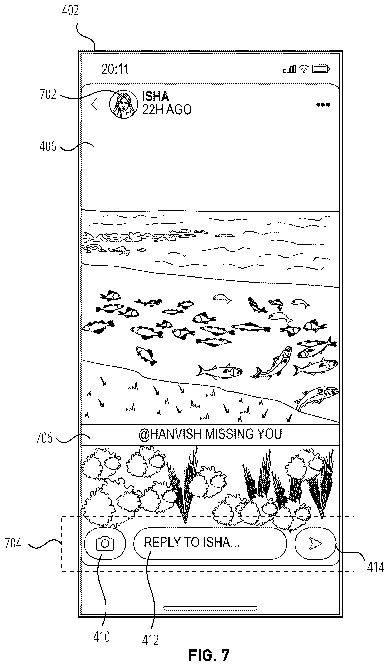 Patent US12547309 Figure 7 – User interface providing reply state transition