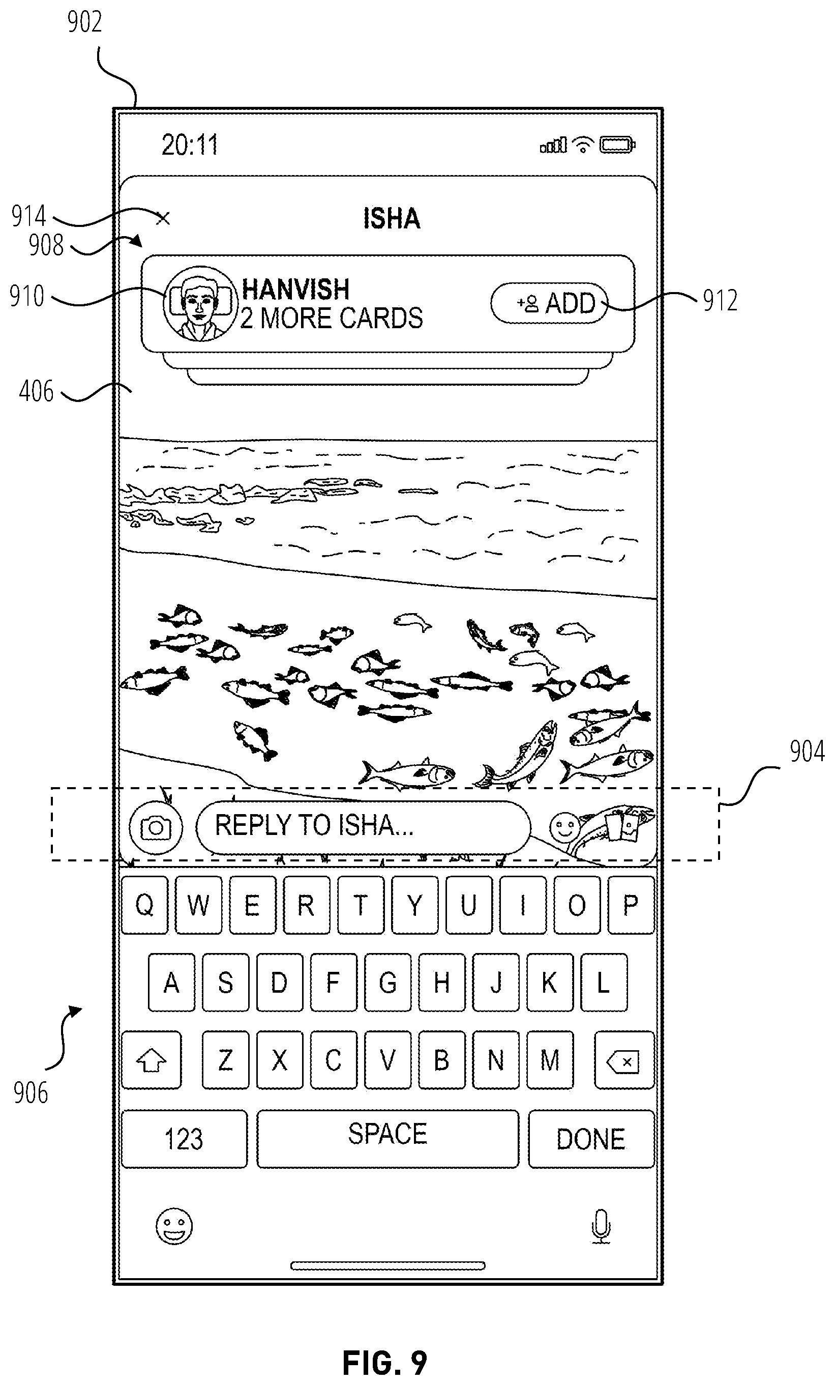 Patent US12547309 Figure 9 – User interface providing reply state transition