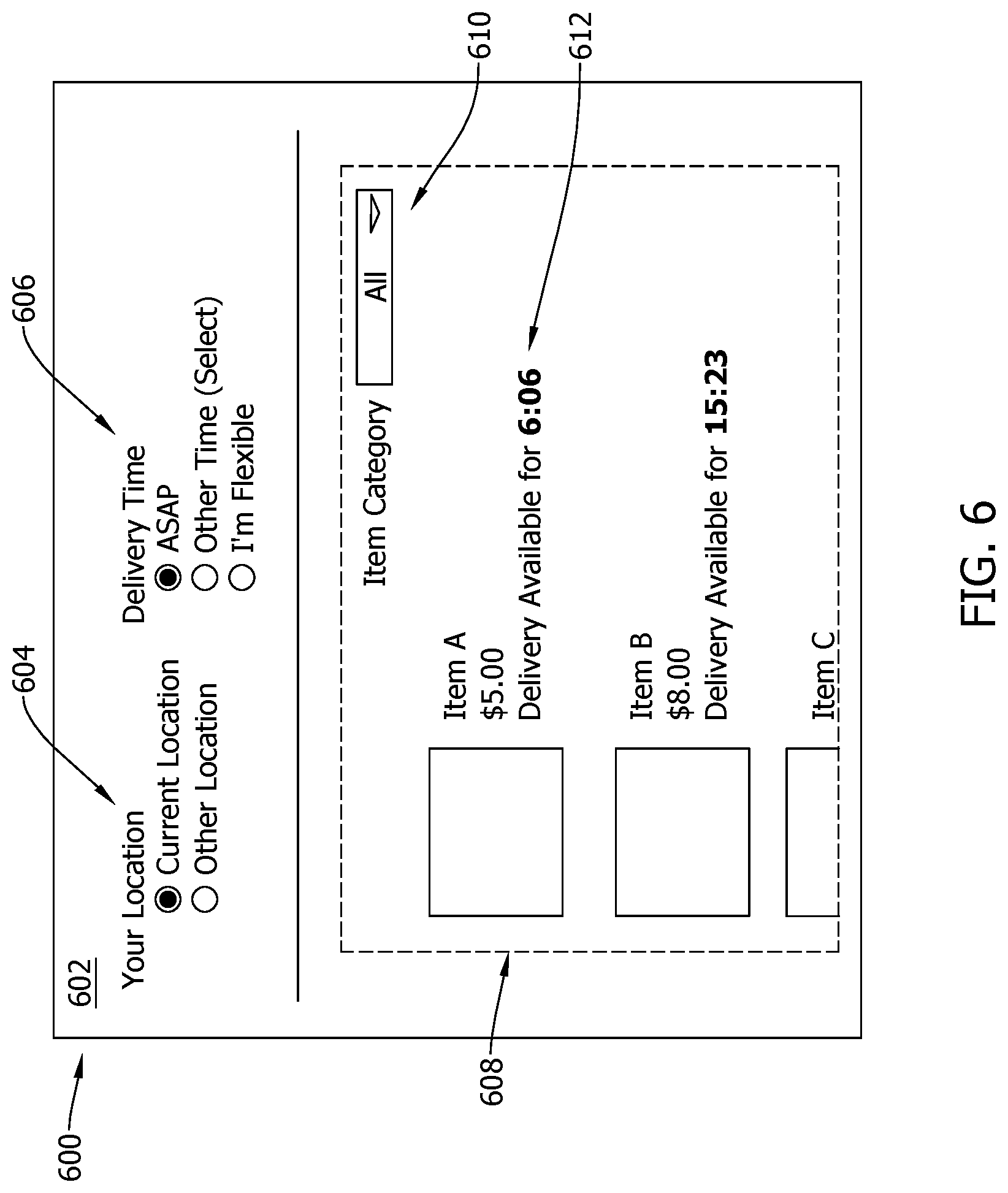 Patent US12547966 Figure 6 – Dynamic purchase interface for real-time middle-mile purchase and delivery