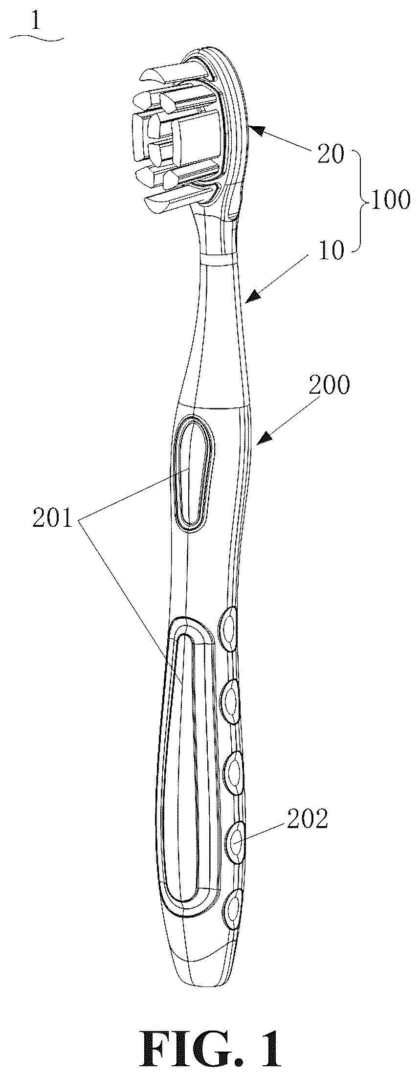 Patent US12551005 Figure 1 – Toothbrush and toothbrush head