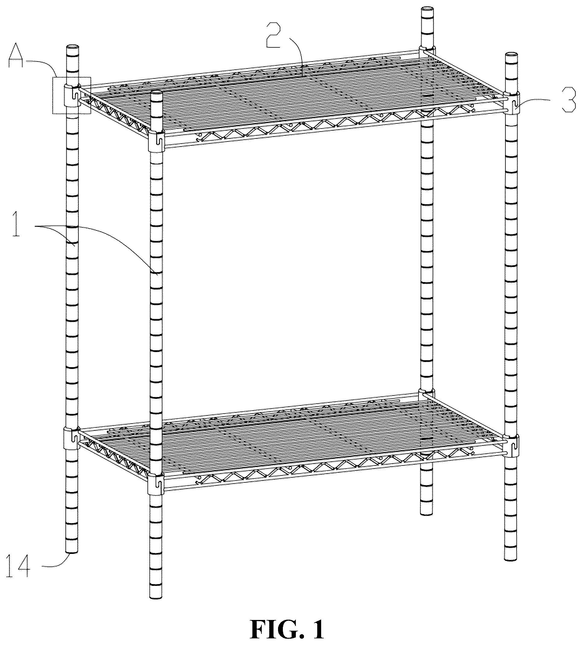 Patent US12551011 Figure 1 – Connecting structure of storage rack and storage rack
