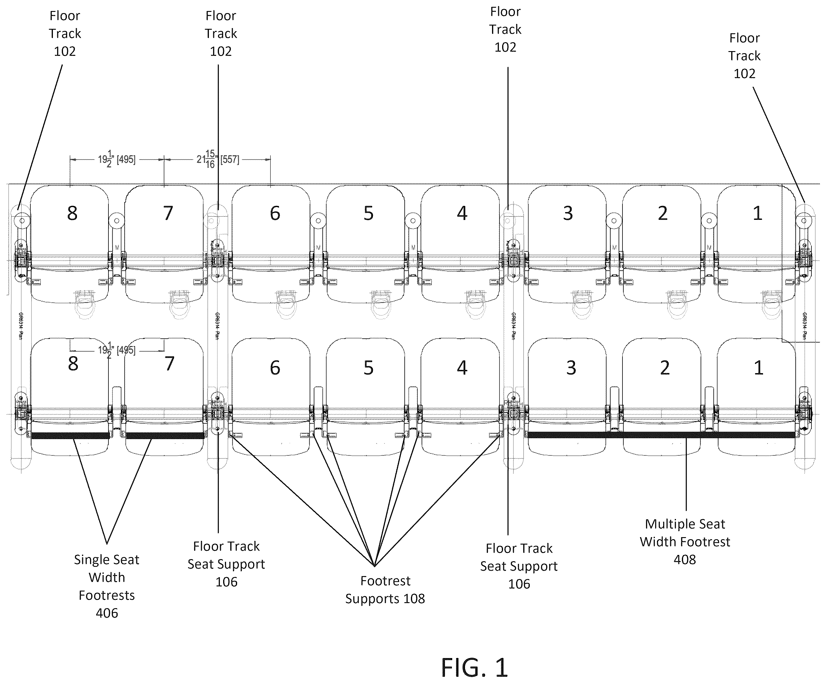 Patent US12551014 Figure 1 – Adjustable floor track and seating system for tiered seating