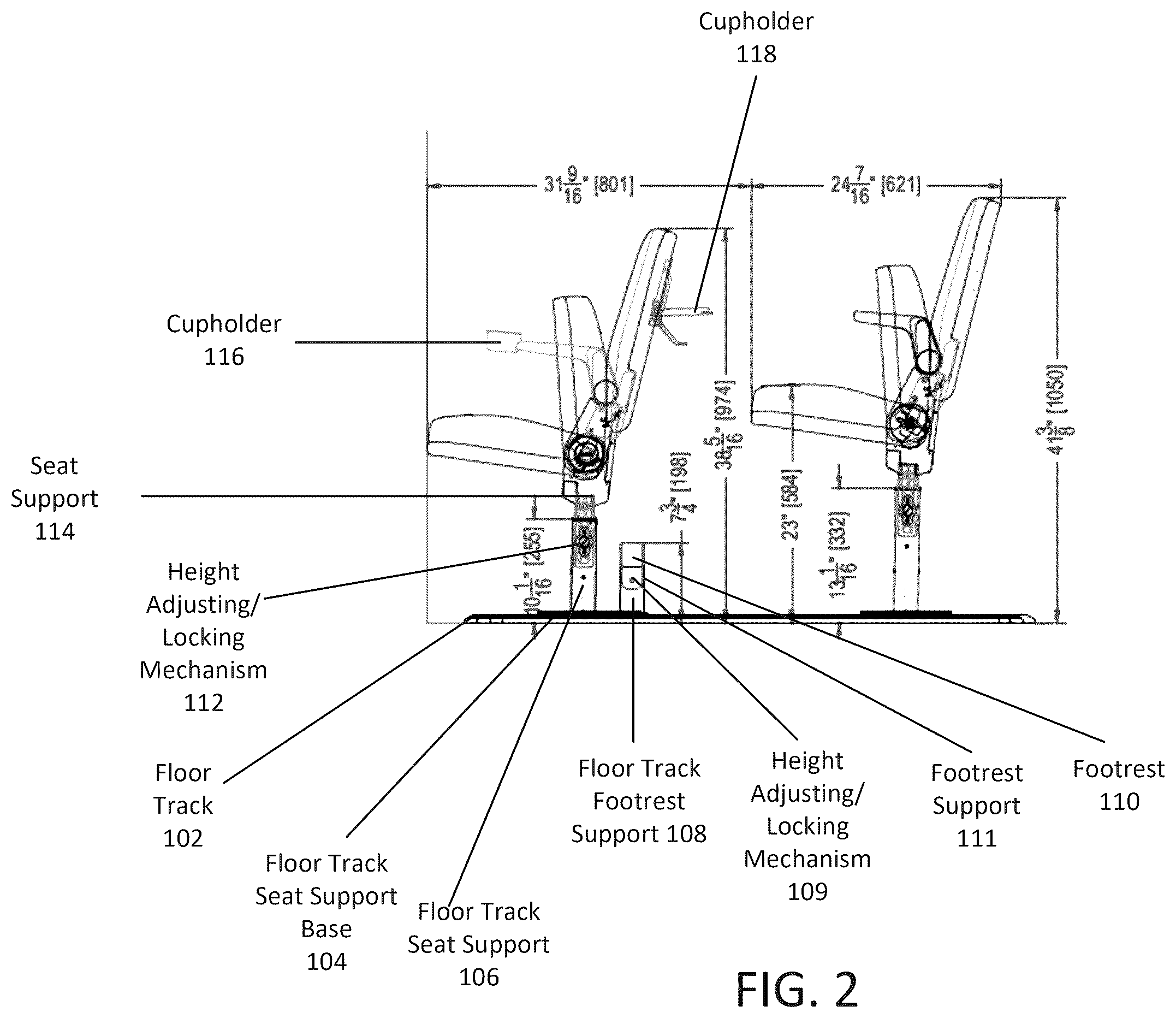Patent US12551014 Figure 2 – Adjustable floor track and seating system for tiered seating