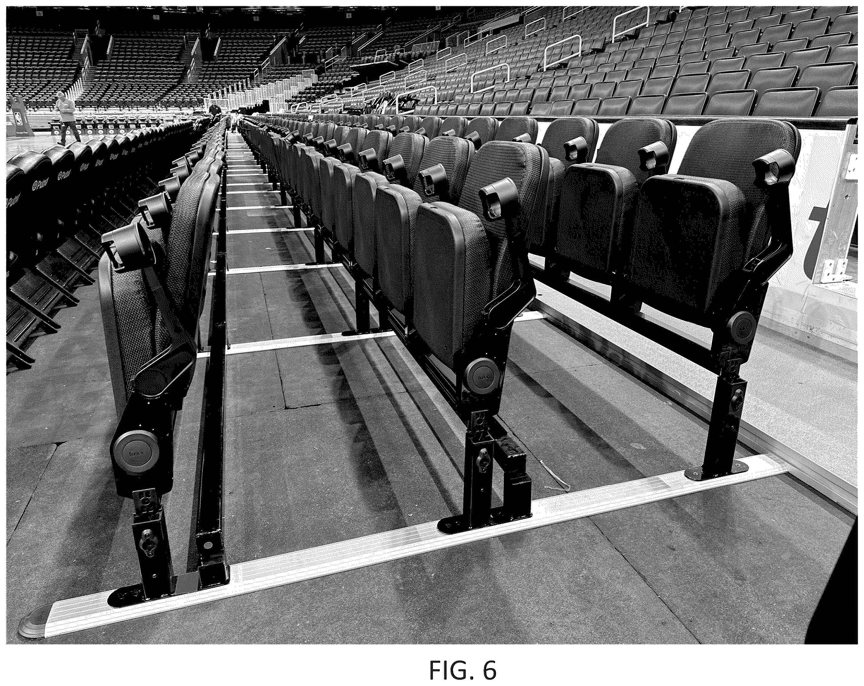 Patent US12551014 Figure 6 – Adjustable floor track and seating system for tiered seating
